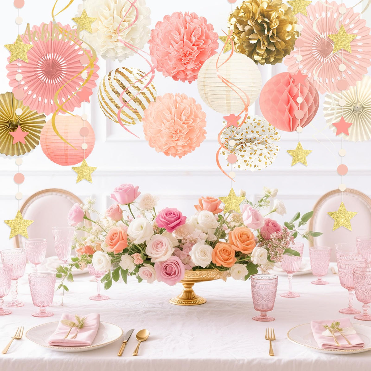 AOBKIAT Pink Gold Party Decorations Kit - 27PCS wirh Pom Poms & Lantern & Fans & Swirls & Garland & Crepe Paper Streamers for Birthday,Wedding,Baby Shower,Bachelorette,Princess Party