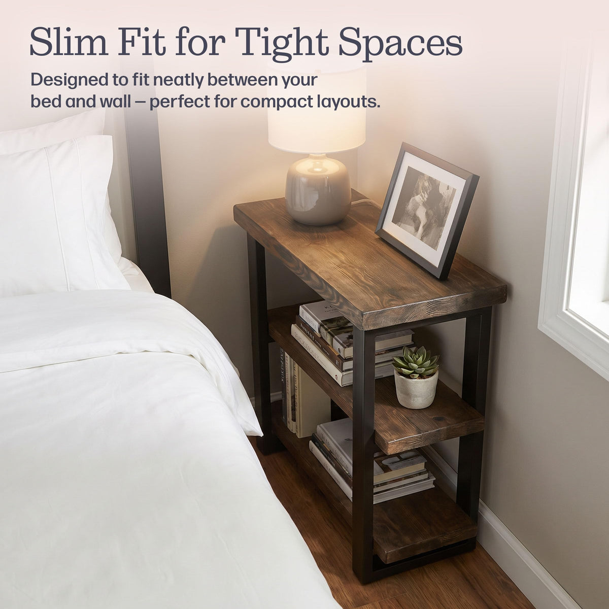 Alaterre Furniture Pomona Living Room 3-Tier Solid Wood End Table with Metal Legs & Storage Shelves – Modern Rustic Industrial Space-Saving Side Table or Nightstand (Rustic Brown)