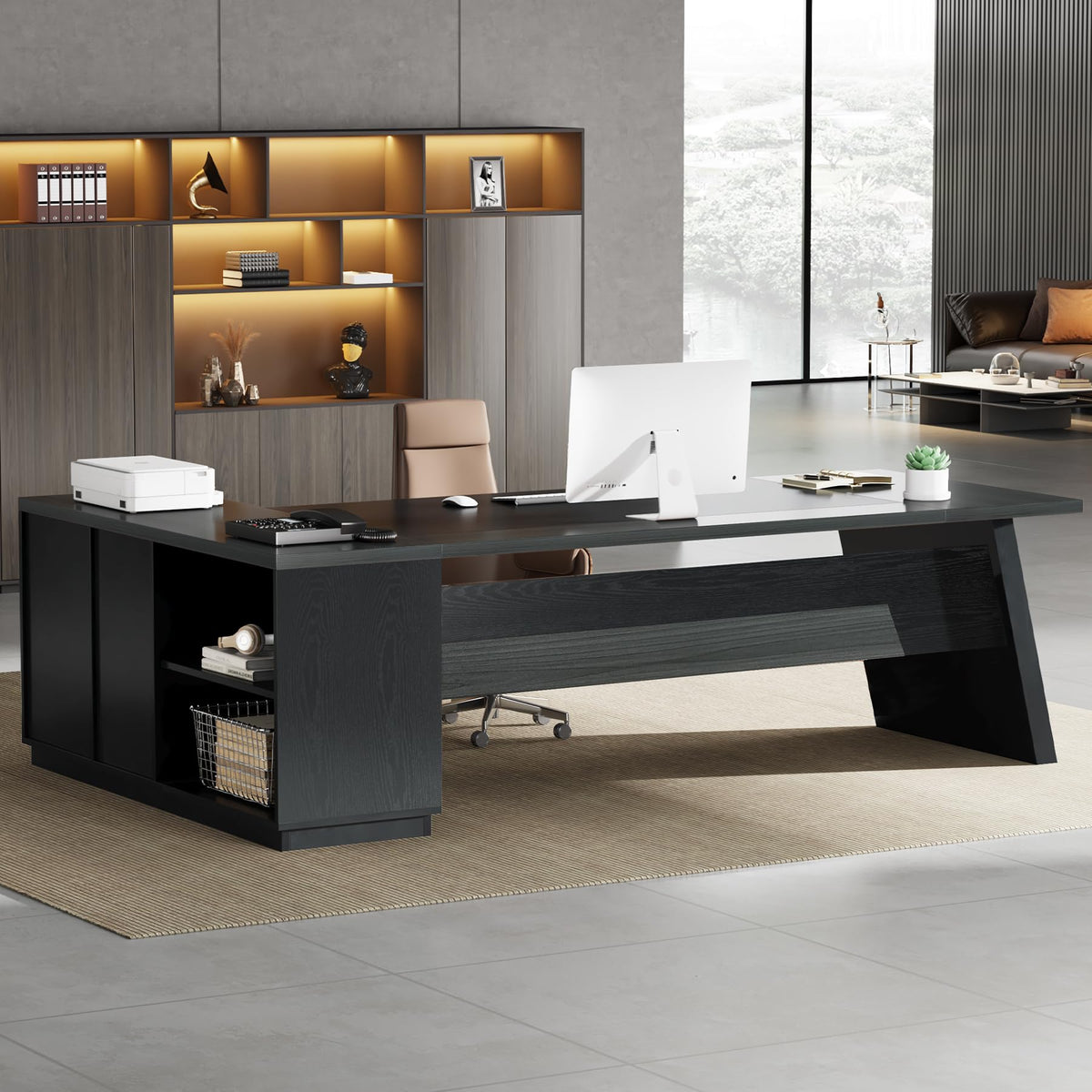 Tribesigns L-Shaped Executive Desk, 78-Inch Modern Office Desk with Drawers and Lateral File Cabinet, Large Bussiness Furniture with Storage Shelves, Workstation for Home Office (Grey + Black)