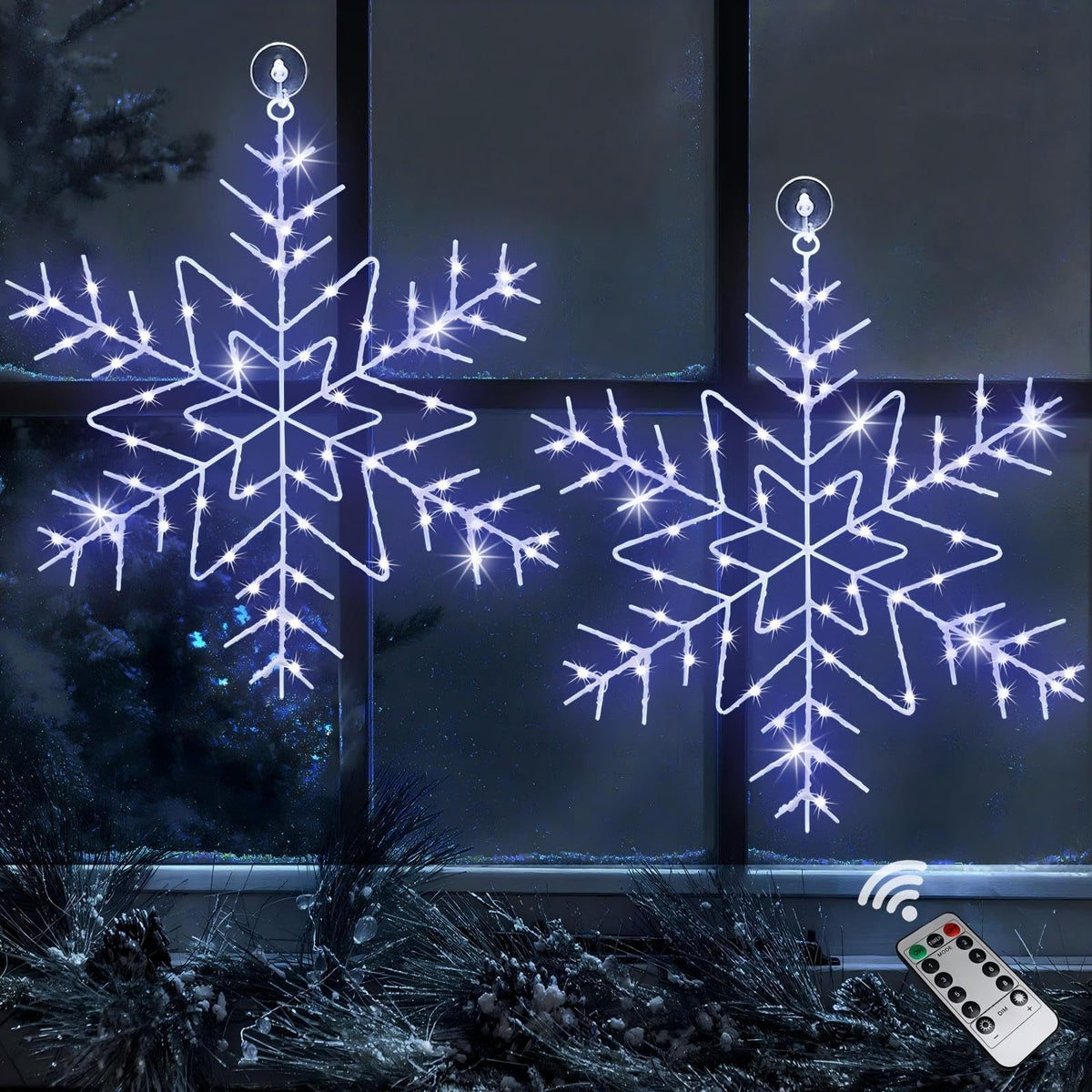 Christmas Window Lights Decorations, 2 Packs 14" Cool White Snowflake Lights with 8 Lighting Modes Remote Control Timer, USB Powered for Home Xmas Party Decor