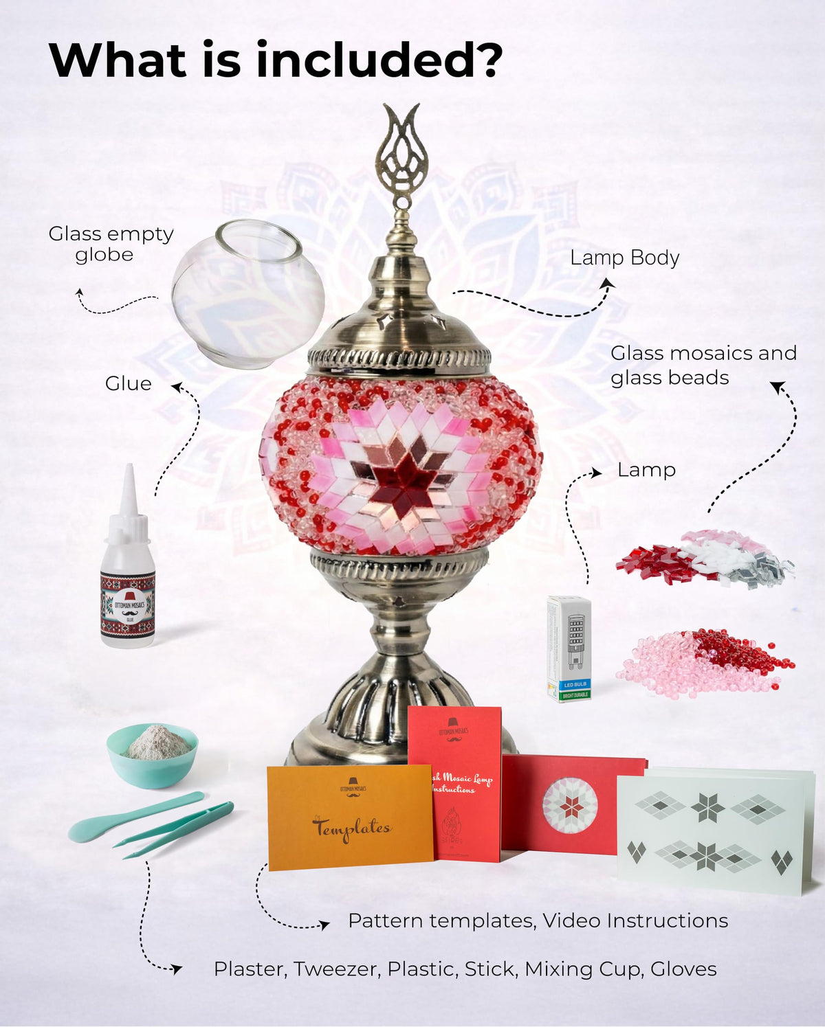 Ottoman Mosaics Turkish Mosaic Lamp Kit | DIY Art & Craft Project for Adults | Make Your Own Handmade Lamp (Pink)