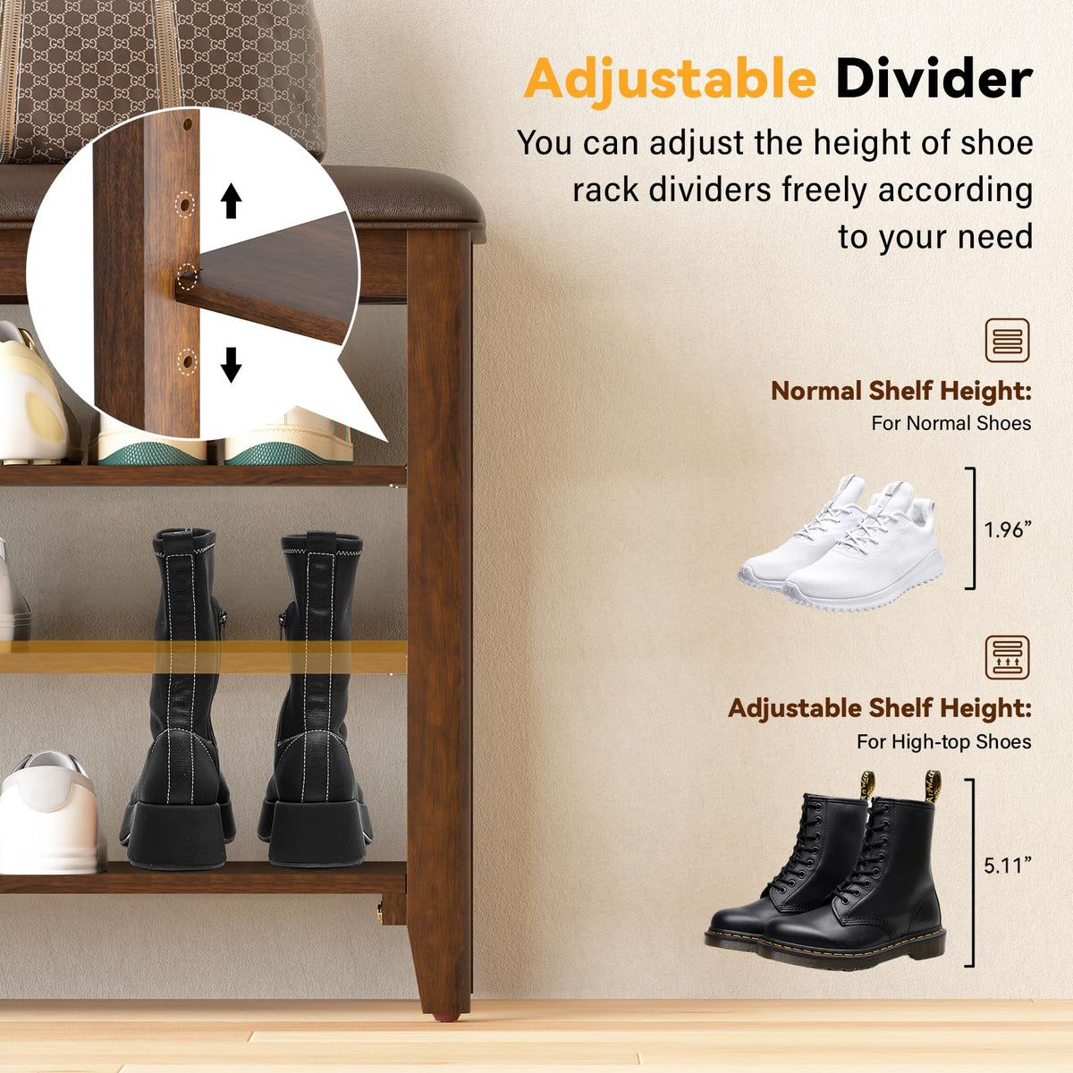 Taitiy Entryway Shoe Storage Bench with Leather Cushion + Solid Wood Clothes Rack with 2 Shelves