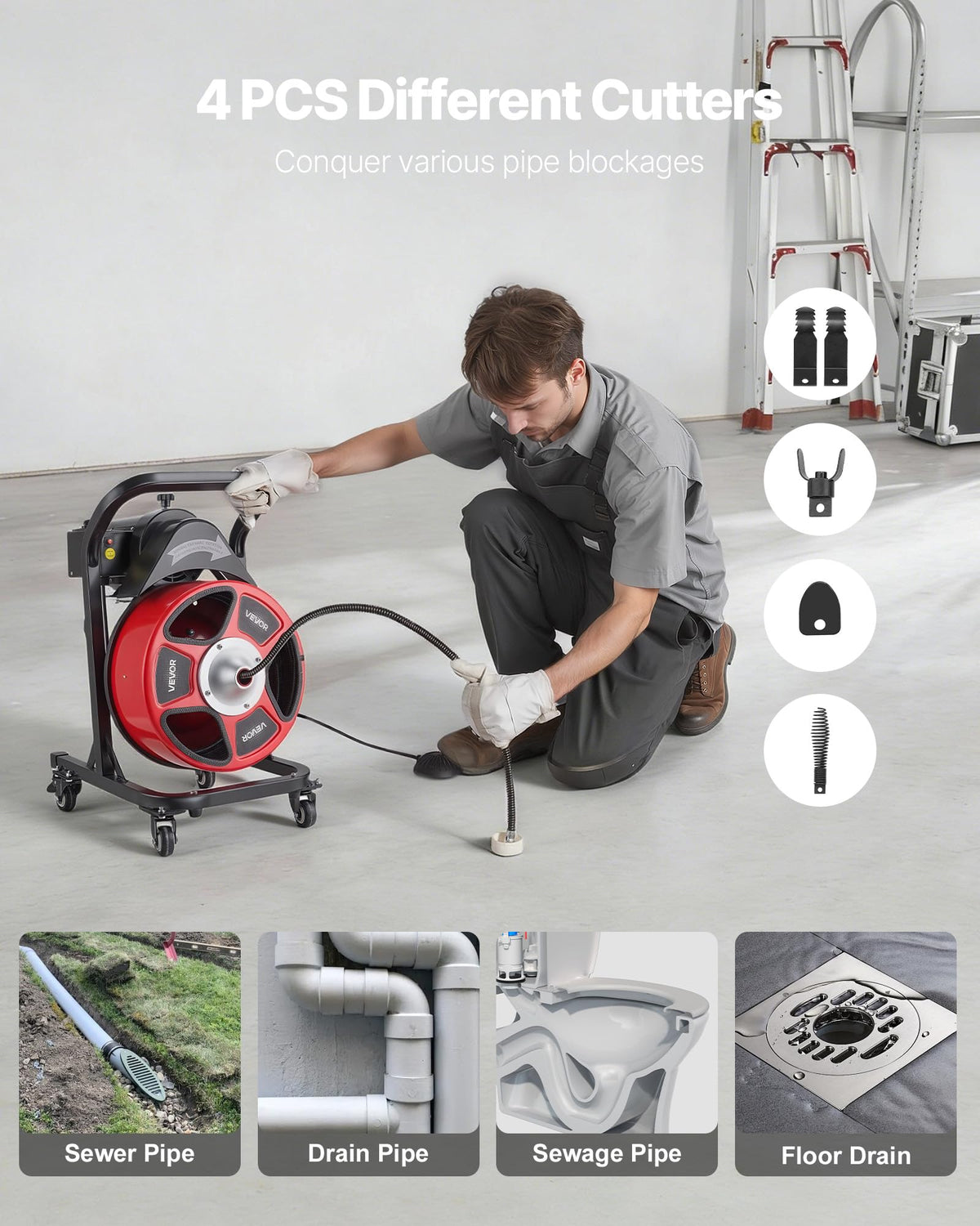 VEVOR Drain Cleaner Machine 50 FT x 1/2 Inch, Manual Feed Sewer Snake Auger on Wheels - with 4 Cutters & Air-activated Foot Switch for 2" to 6" Pipes