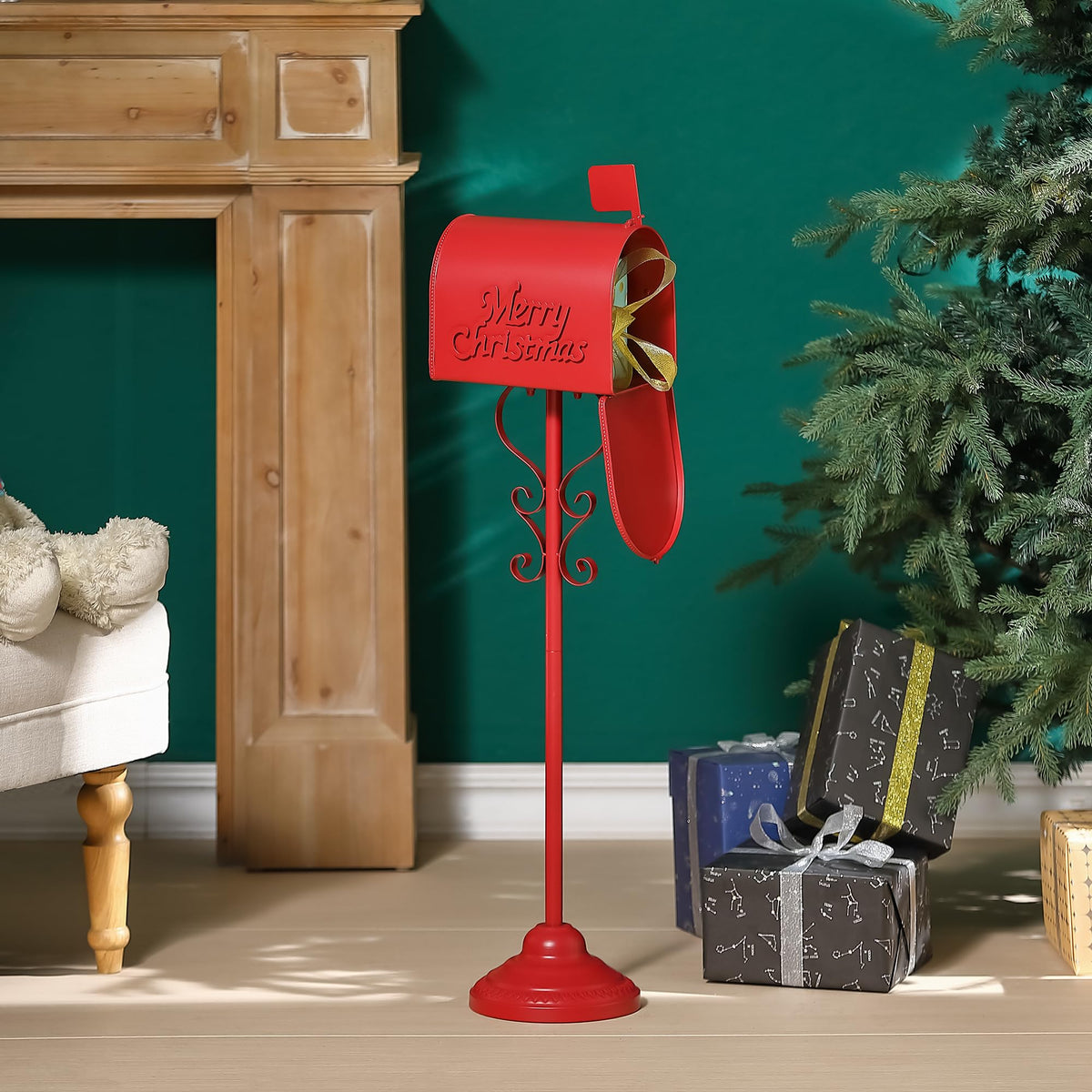 Phaxth Metal Christmas Letters to Santa Mailbox, 37" H North Pole Mailbox Christmas Decorative, for Home Room Xmas Holiday Party Large Capacity Red