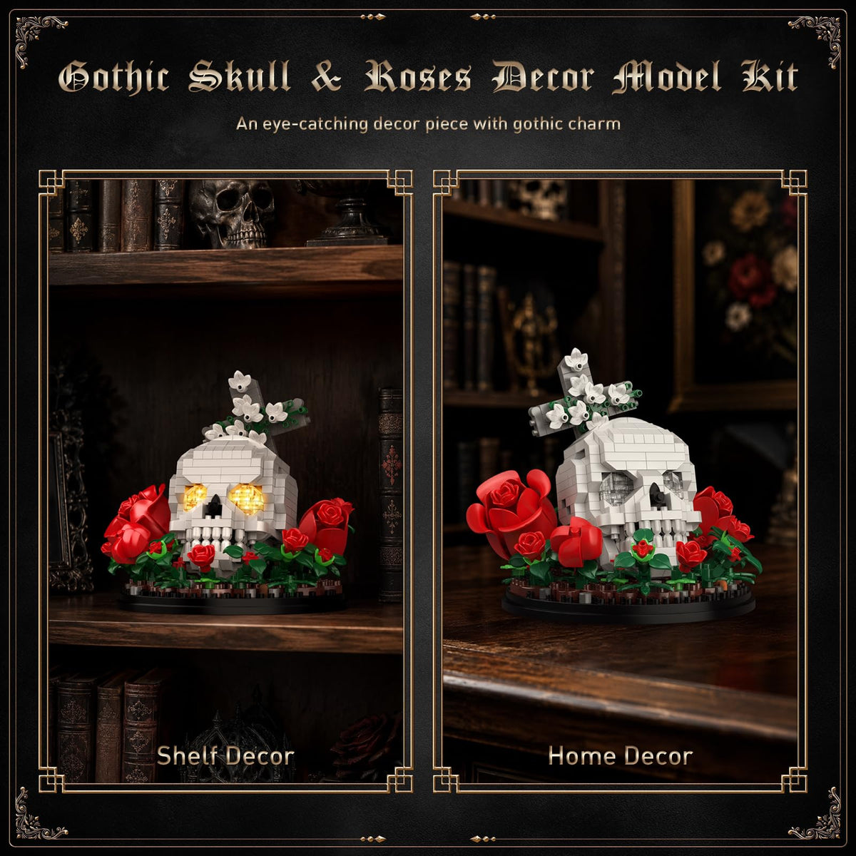 Vziimo Skull & Flowers Building Set, Gothic Skull Roses Micro Building Blocks Decor Model Kit with Cross, Horror Gifts for Adults, Teens Age 14+, Gothic Art Fans (582 PCS)