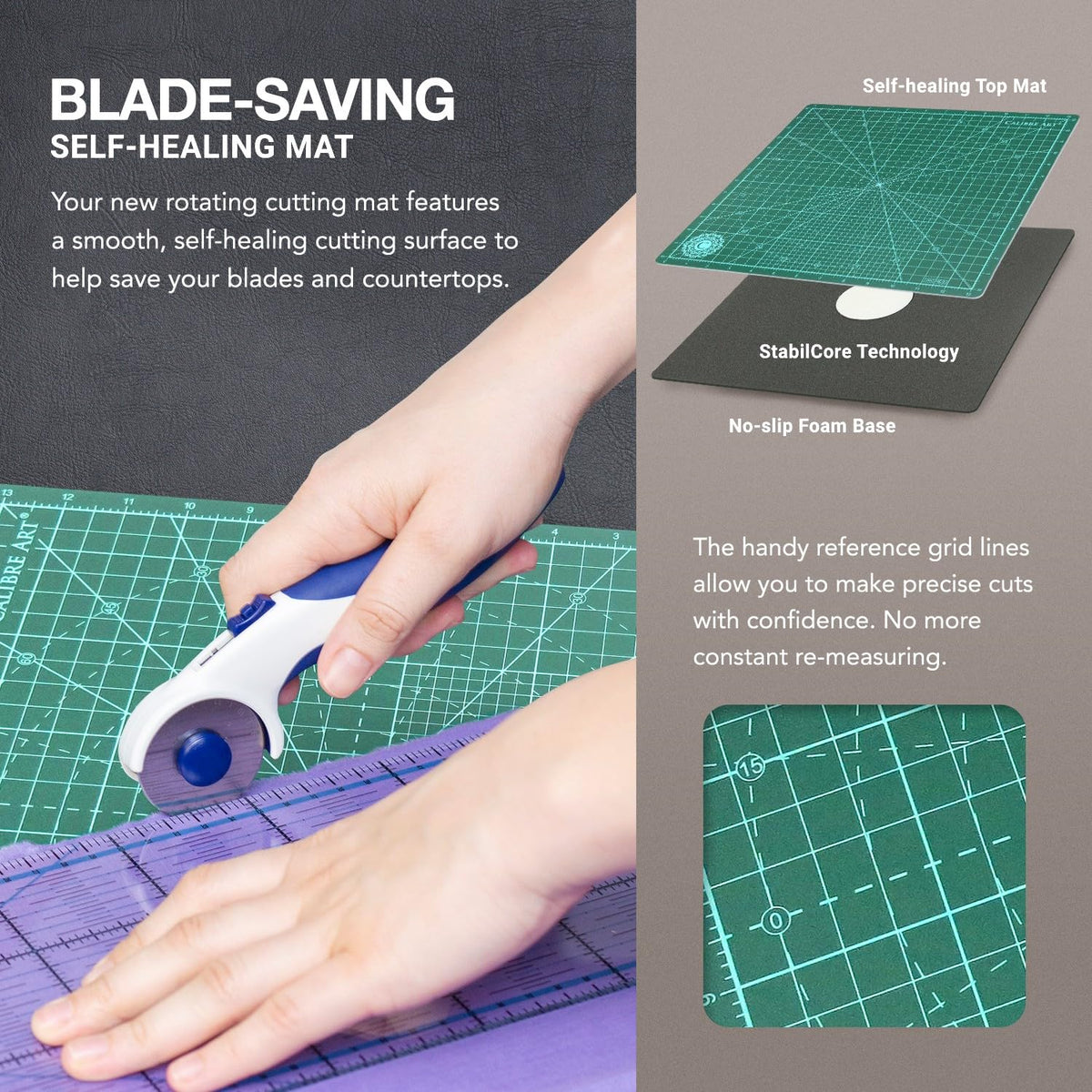 Calibre Art Self Healing Rotating Cutting Mat 18x18 (17" Grid), Perfect for Quilting & Art Projects