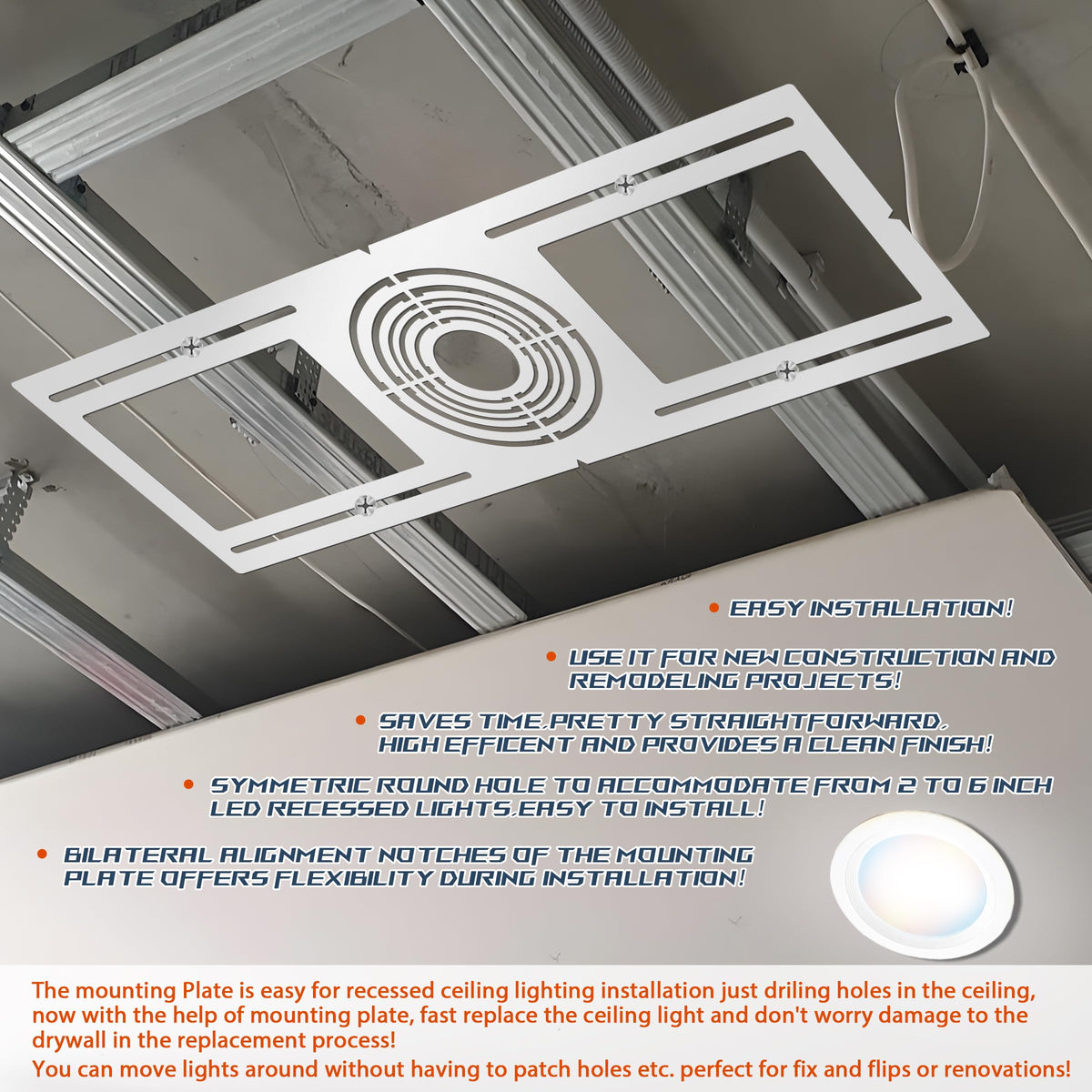 New Construction Mounting Plate, 2-3-3.75-4-5-6 Inch, 48pc, LED Recessed Lighting Housing Plate for New Construction and Remodeling, Shallow Recessed Led Lighting Plate