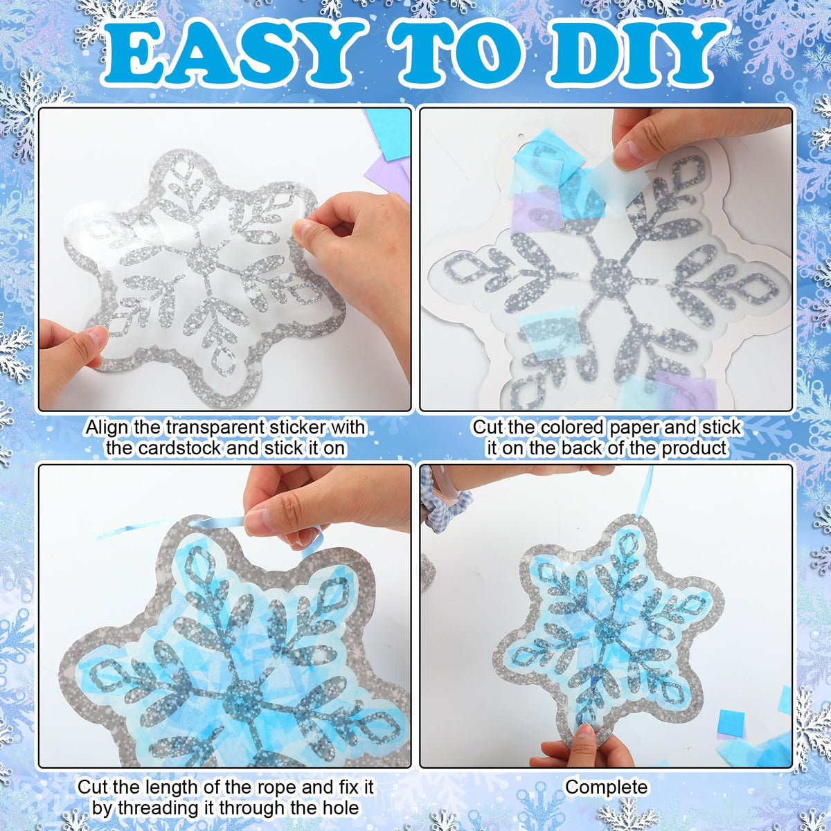 DoubleFill 60 Sets Snowflakes Suncatchers Kit Bulk Winter Snowflakes Tissue Paper Make Your Own Snowflake Stained Glass Ornament for Window Xmas Decoration