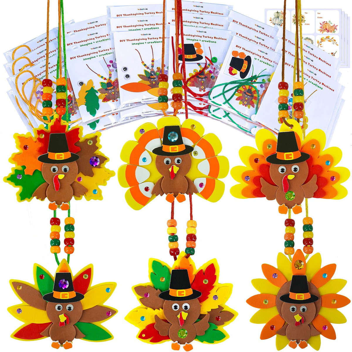 Winlyn 24 Sets Fall Craft Kits DIY Thanksgiving Turkey Necklaces Art Sets Autumn Maple Leaves Turkey Feathers Foam Thanksgiving Stickers for Kids Harvest Home Classroom Activities Party Favors