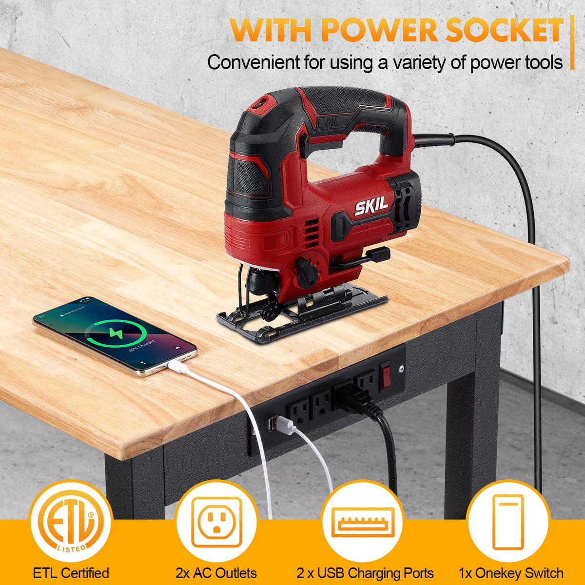 48" Height Adjustable Workbench, 2000 LBS Load Capacity Rubber Wood Top Workstation with Power Outlet and Foot Pads, Heavy-Duty Hardwood Worktable for Garage Workshop (with Foot Pads and Socket,48'')