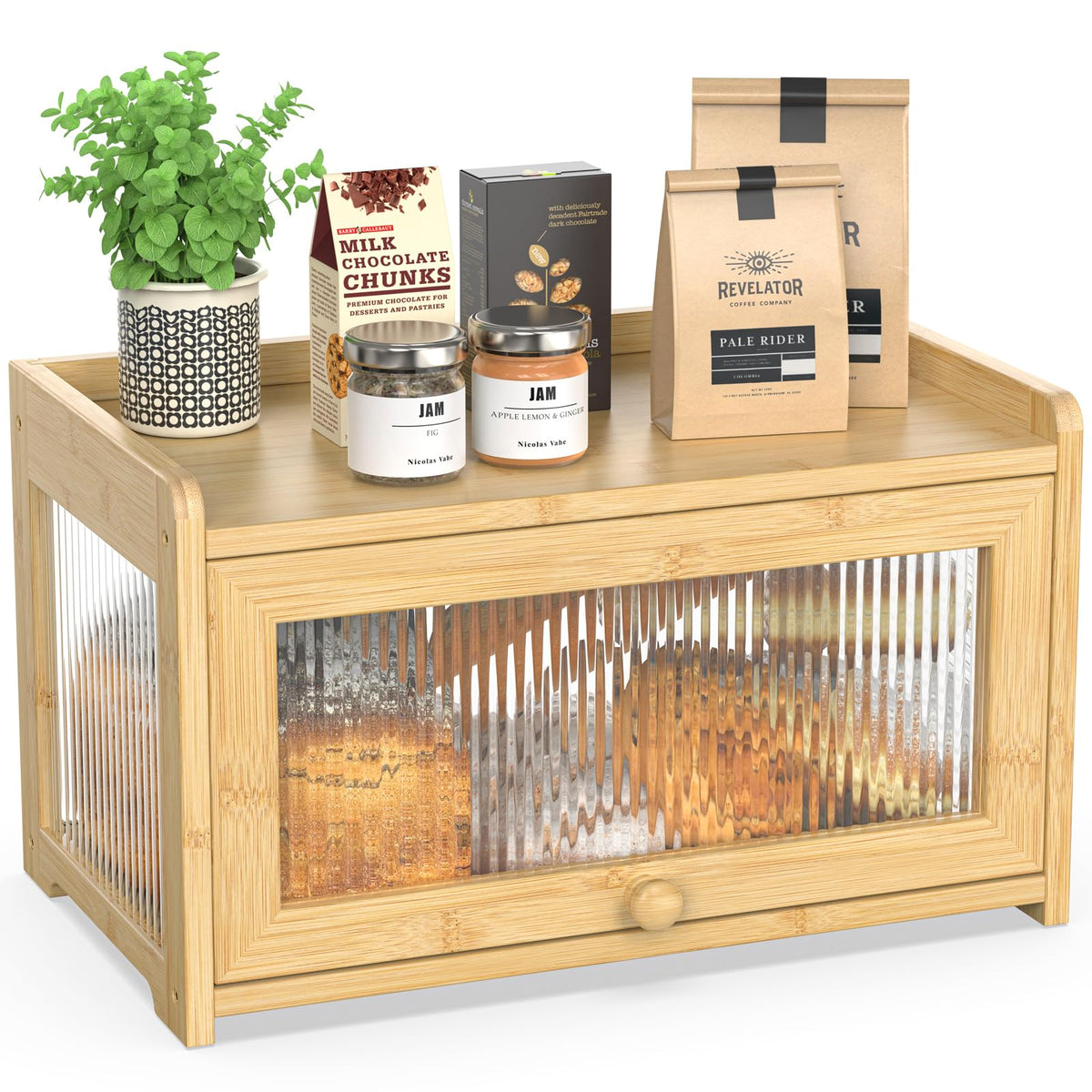 BAMBANG Bamboo Bread Box for Kitchen Countertop, Extra Large Farmhouse Bread Box with 4-Side Clear Panels, Wooden Bread Storage Container for Homemade Bread, Natural
