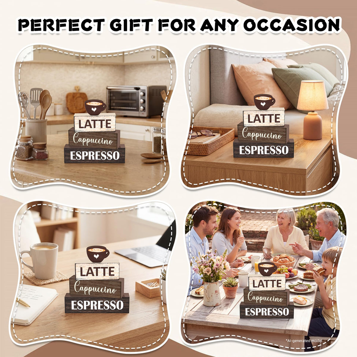 4 Pcs Coffee Farmhouse Wooden Table Decor, Coffee Rustic Tabletop Centerpiece Decorations for Bar Home Office Shelf Kitchen
