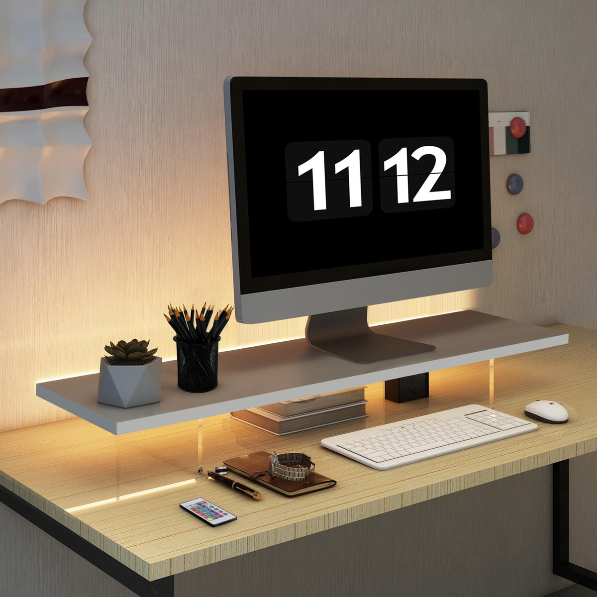 LA QUEENIE Monitor Stand Riser,Wood & Acrylic Computer Monitor Stand with LED Light,Desk Accessories Desktop Organizer Stand for Computer,Laptop,Printer,PC & TV Screen Riser