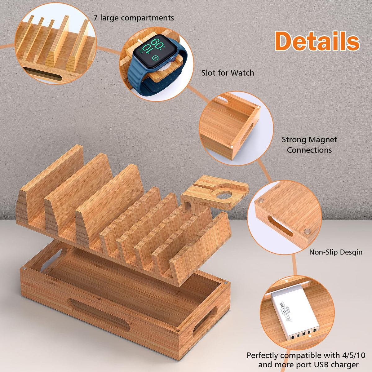 Pezin & Hulin Bamboo Charging Station Holder with 5 Port USB Charger, 5 x Charge Cables, Watch Stand, Wood Docking Stand Electronic Organizer for Multiple Devices, Phones, Tablets and More