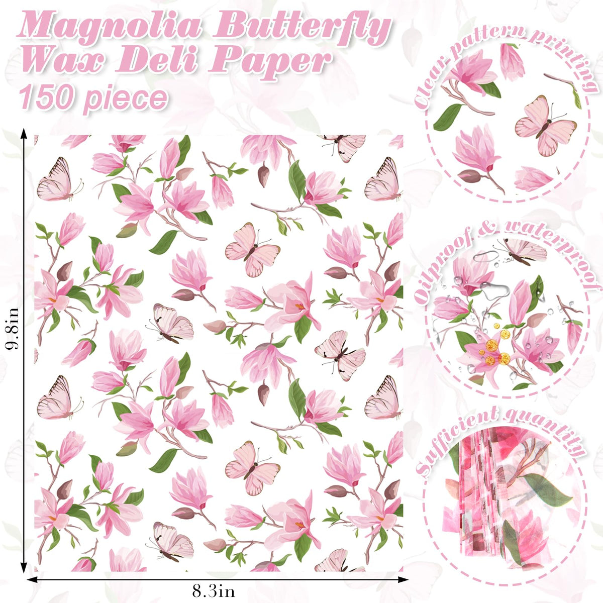 150 Sheets Watercolor Magnolia Butterfly Deli Paper, 9.8 x 8.3in Magnolia Blossom Pattern Grease Resistant Proof Sandwich Wrap Paper Liners Greaseproof for Home Kitchen