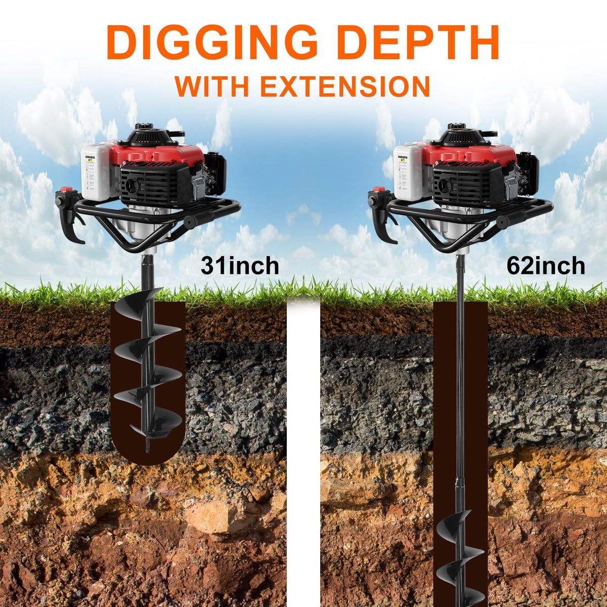 78CC Auger Post Hole Digger, 4 Stroke Gas Powered Earth Post Hole Digger with 2 Auger Drill Bits(6" & 8") + Extension Rods for Farm Garden Plant, Orange (78CC)