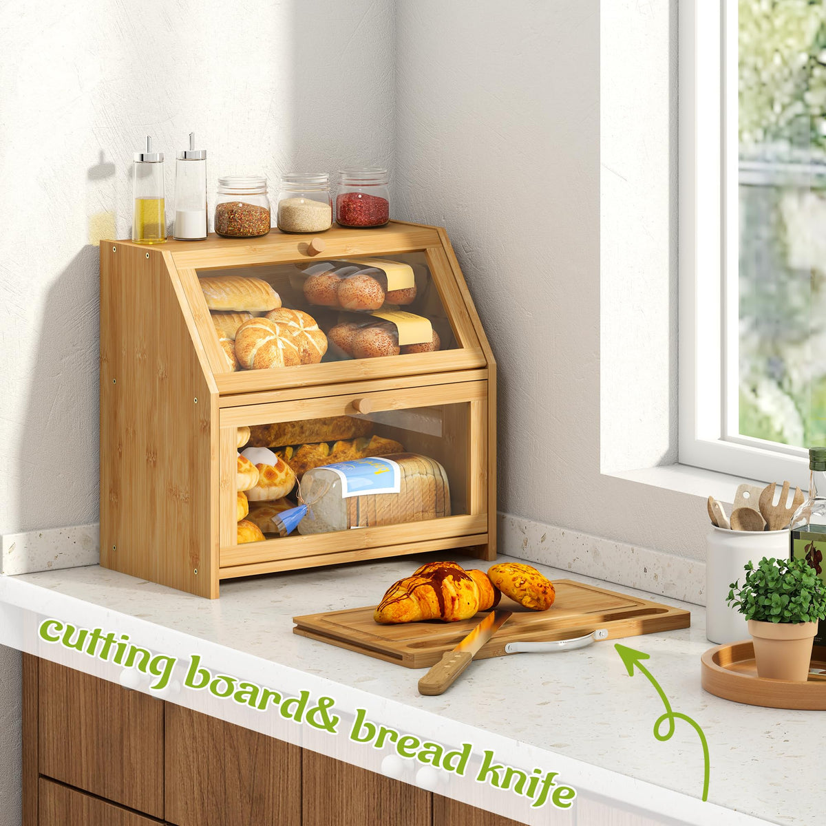 BMOSU Bread Box with Cutting Board Kitchen Bread Storage Organizer Farmhouse Countertop Double Bamboo Wood Bread Box(Natural)