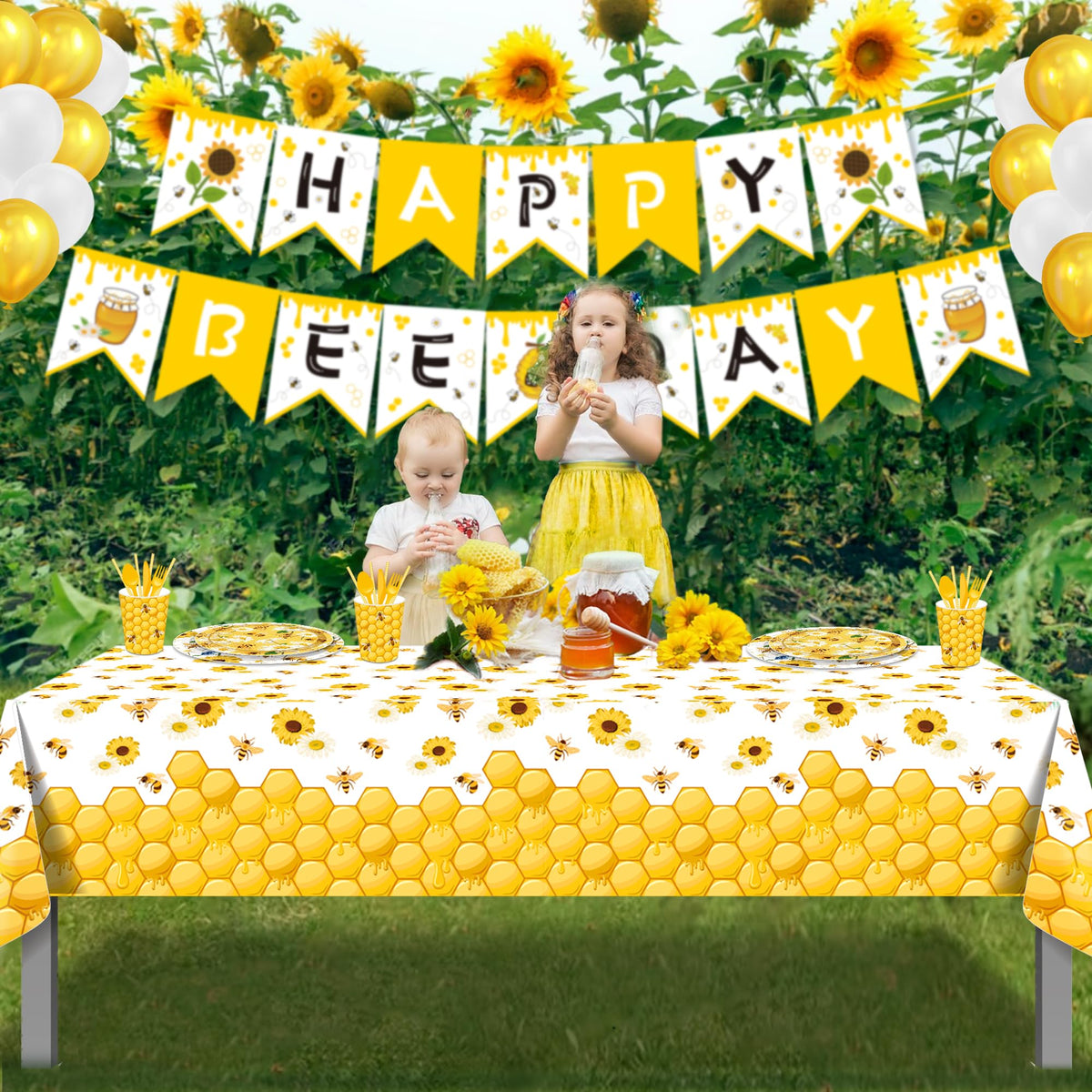 CC HOME 1Pc Bees Party Plastic Tablecloth 54 x 87 Inch Long Table Cover, Honey Sunflower Honeycomb Daisy Party Tablecover for Bee Kids Baby Shower Birthday Dinner Picnic Kitchen Event