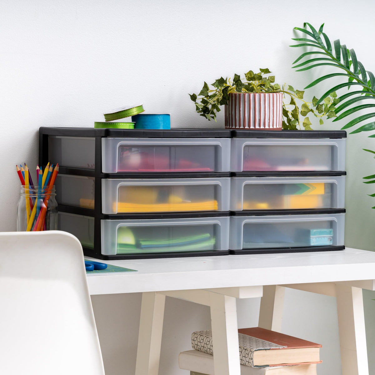 IRIS USA Plastic Stacking Desk Top 3-Drawer Storage Organizer, 2-Pack, for Makeup Vanity Nail Polish Bathroom Stationery Art Craft Supplies Kitchen Office Garage and Small Organization, Medium, Black