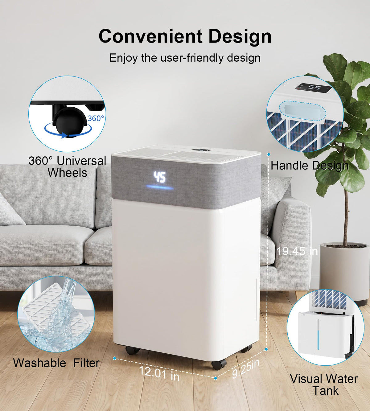 AKIRES 55Pint Dehumidifier for 4000Sq.Ft, Smart Dehumidifier with Drain Hose, 1.15Gal Removable Tank, LED Display, 24H Timer & Child Lock, Dehumidifier for Basement,Bedroom,Bathroom(White)