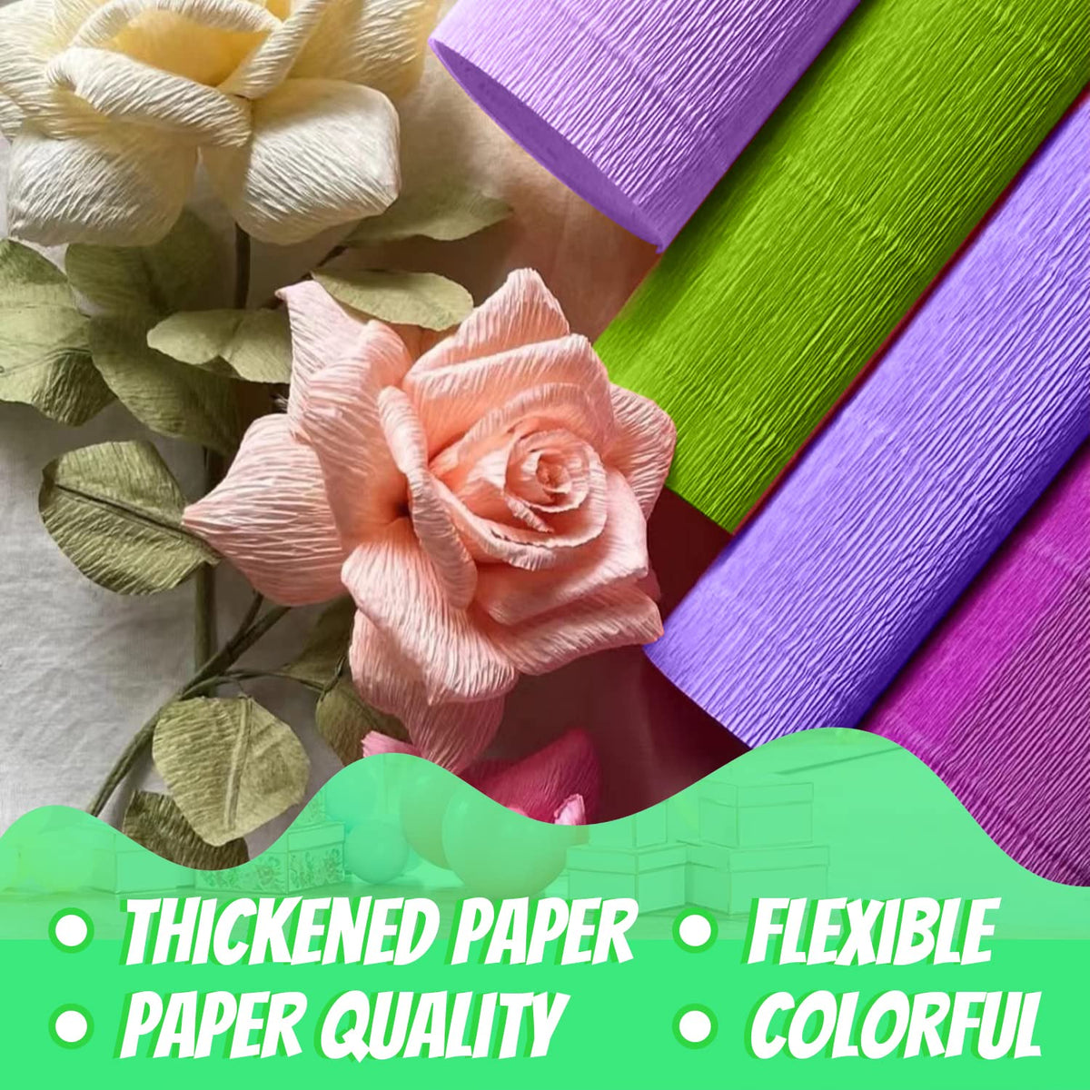Crepe Paper 6 Rolls Wide Crepe Paper Streamers 10 Inch x 8 Feet Artificial Floral Arrangements DIY Flower Making Kits Green Floral Tape and Wire for Wedding Festival Party Decorations Craft Supplies