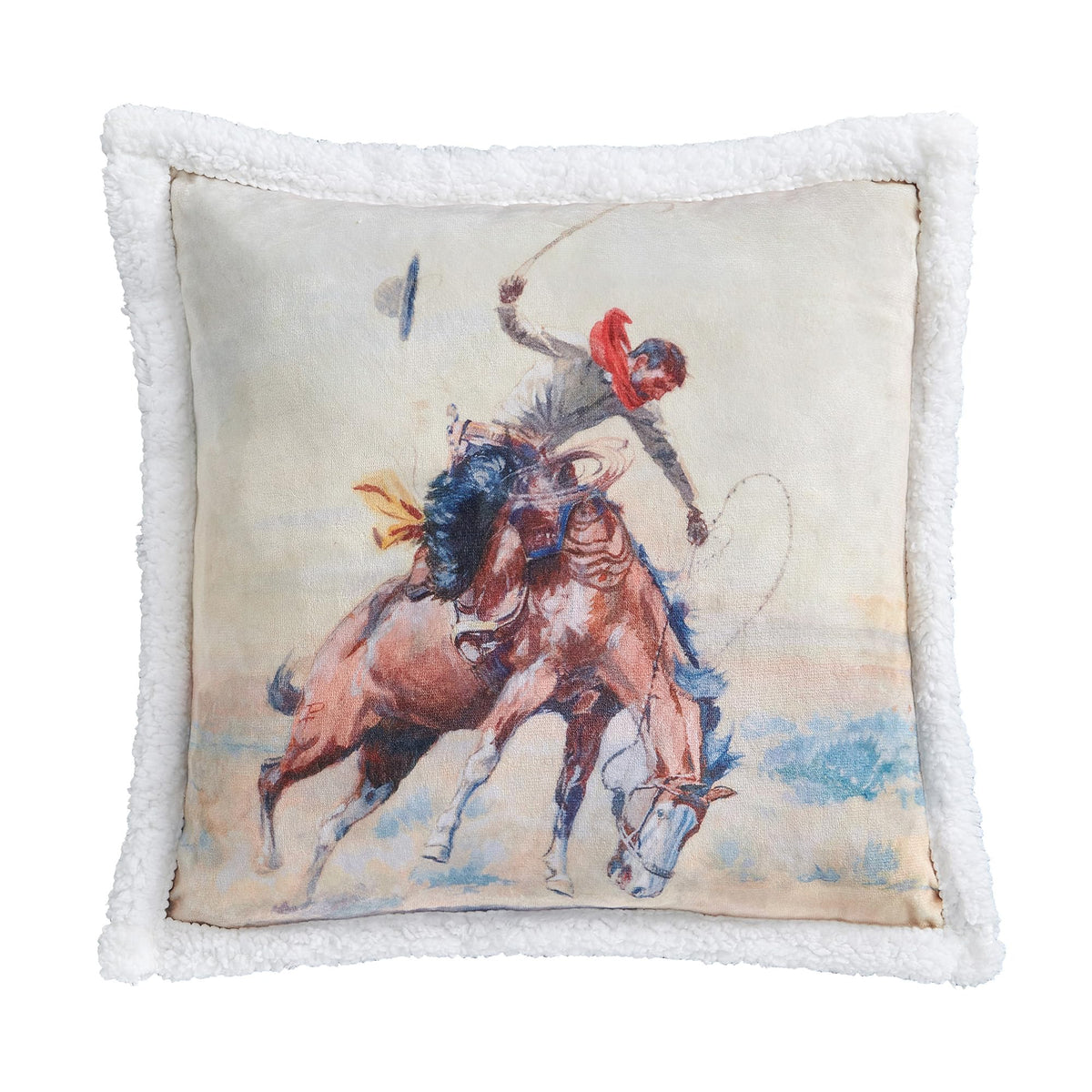 Indigo Hill by HiEnd Accents Buster 3 Piece Sherpa Western Throw Blanket Set, Cowboy Horse Print, Cream Blue Fleece Western Blanket with Pillows, Rustic Southwestern Style, 1 Throw and 2 Pillows