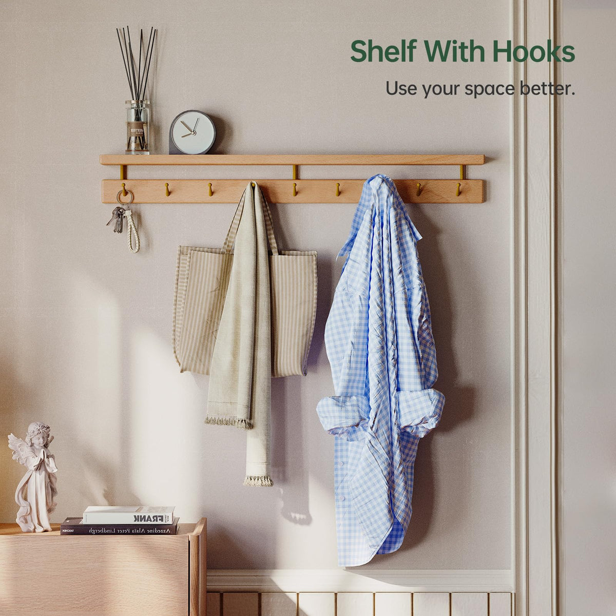 Wayshome Solid Wood Wall Hooks with Shelf, Coat Rack Wall Mount, Entryway Hanging Shelf with 9 Brass Hooks for Hats, Clothes, Towels, Bags, Beech Wood, Natural