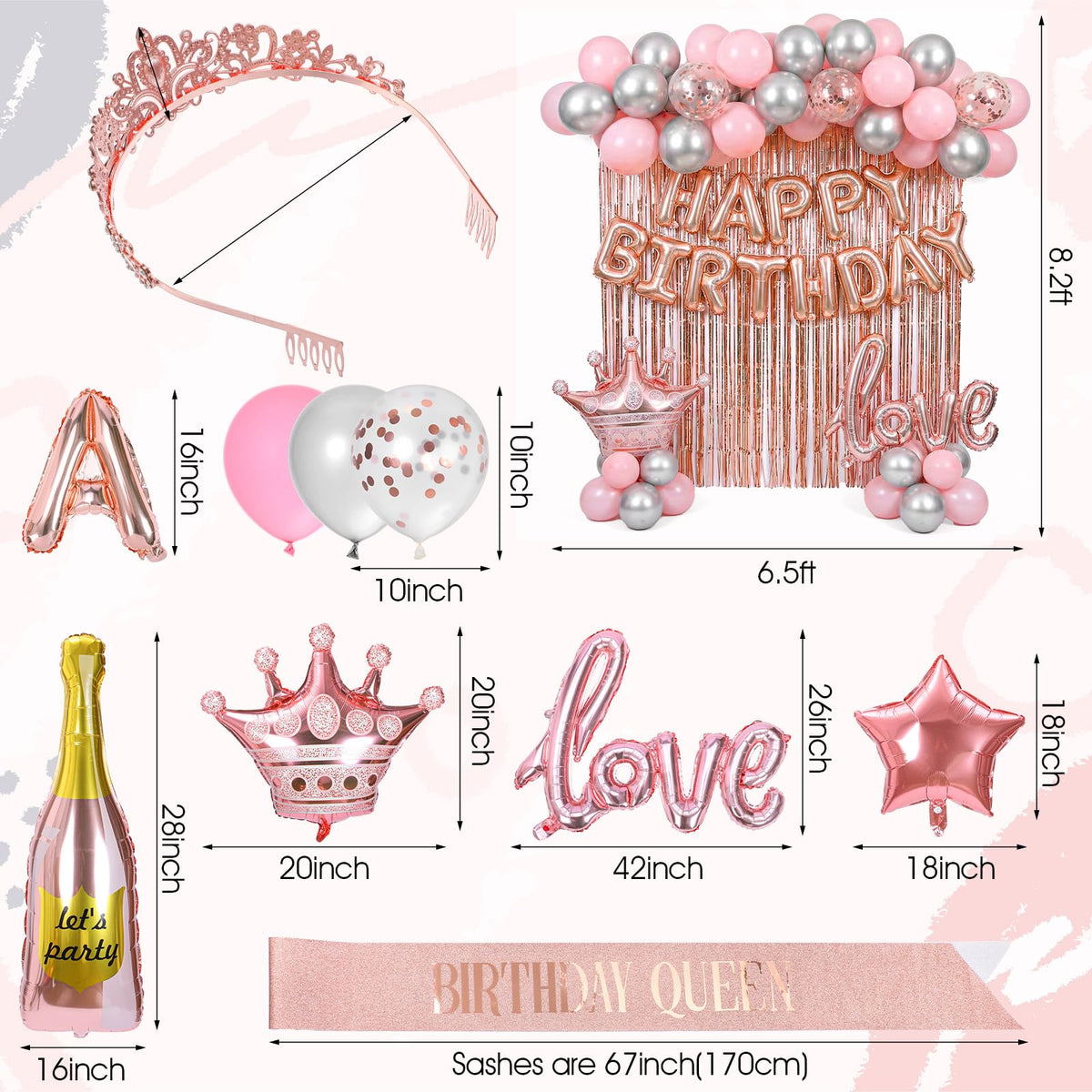 Ckhoid 60PCS Birthday Party Decoration Rose Gold Party Backdrop with Happy Birthday Banner Pink Fringe Curtain Foil & Confetti Crown Wine Bottle Lipstick Birthday Balloons for Women Birthday Party