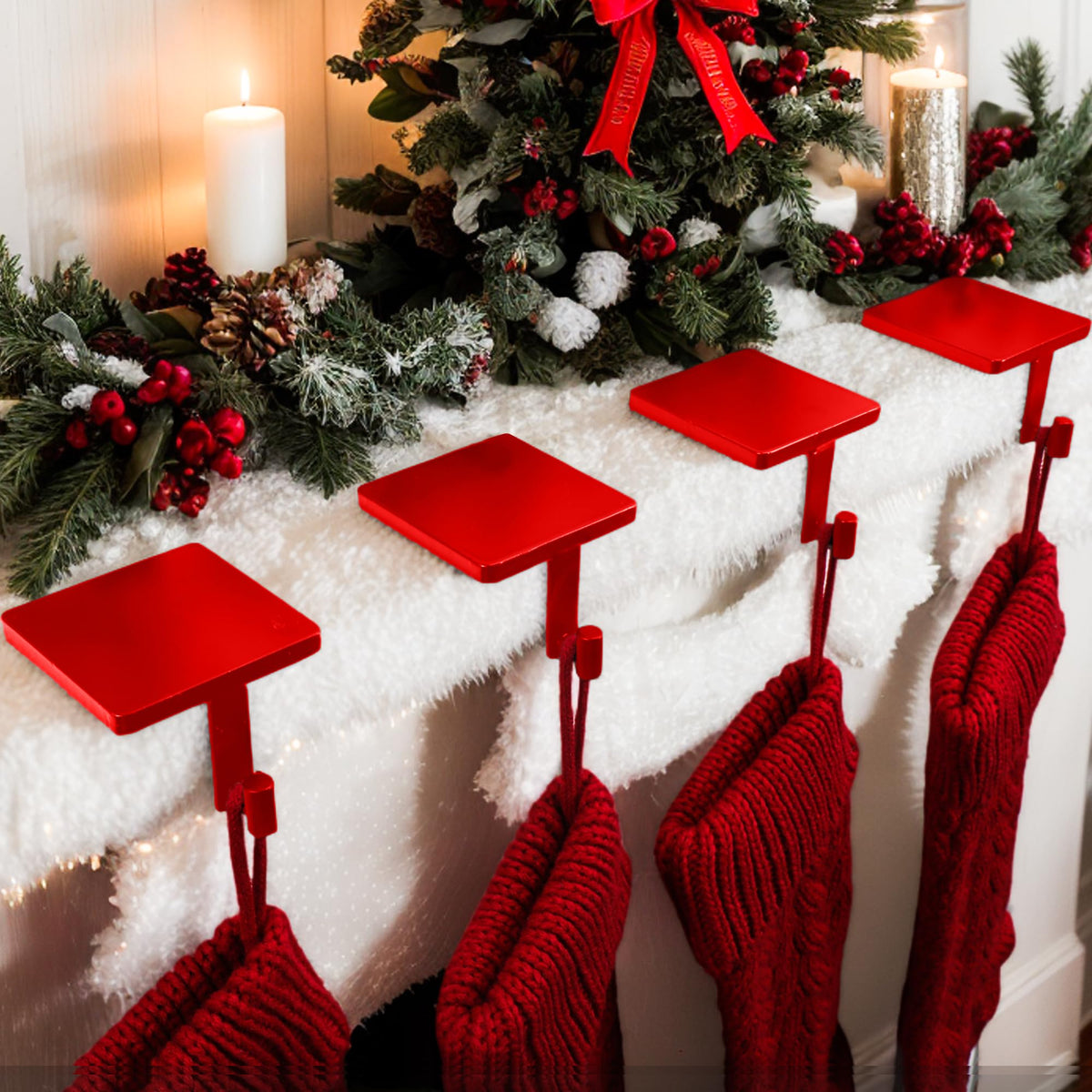 Joyyy Christmas Stocking Holders for Mantle Set of 4 Heavy-Duty Cast Iron Xmas Stocking Hangers Hooks for Mantel with Protective Pad for Fireplace Home Shelf (Red)