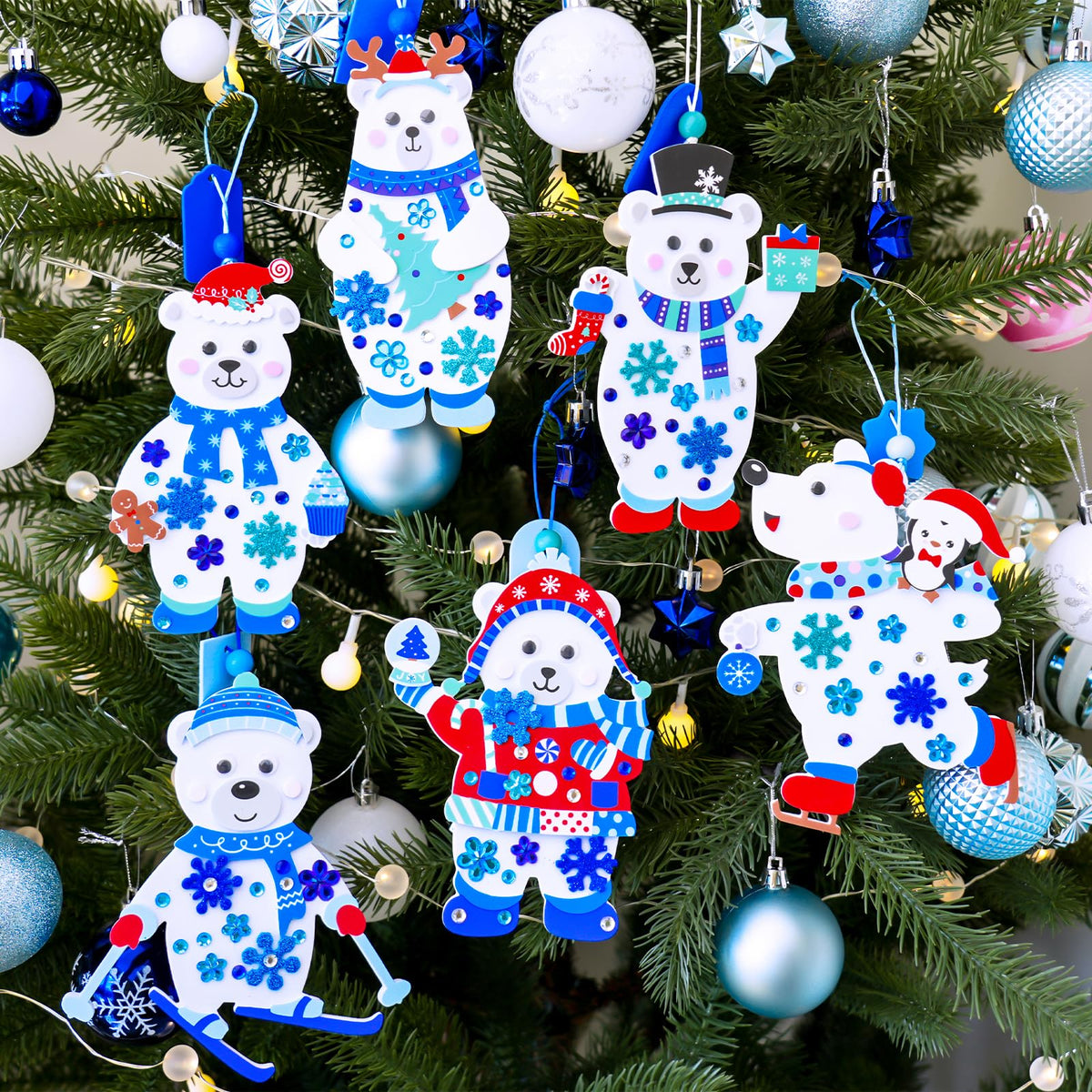 Winlyn 24 Sets Winter Decorations DIY Polar Bear Ornaments Christmas Craft Kits Foam Polar Bear with Snowflake Foam Stickers for Kids Holiday Seasonal Gift Home Classroom Activities Party Favors