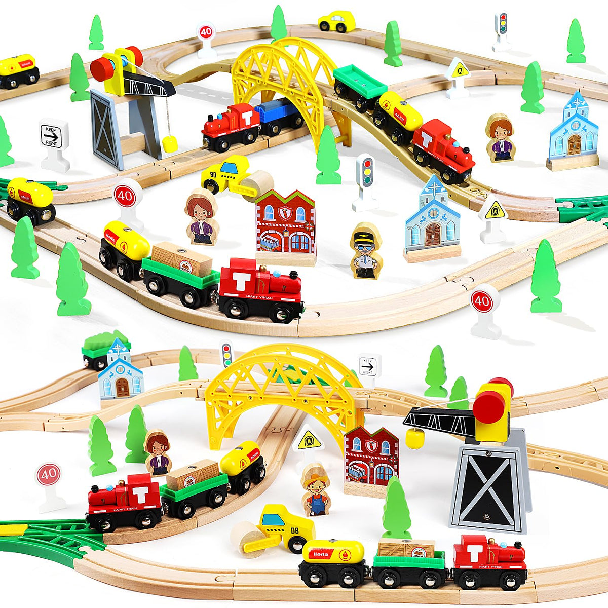 TOY Life Wooden Train Set 60pcs with Magnetic Crane, Wooden Train Tracks Toys for Toddlers Boys Girls 3 4 5, 3 Year Old Boy Gift, Wood Toys Toddler Train for Kids 4-8 - Fits Thomas Brio Chuggington