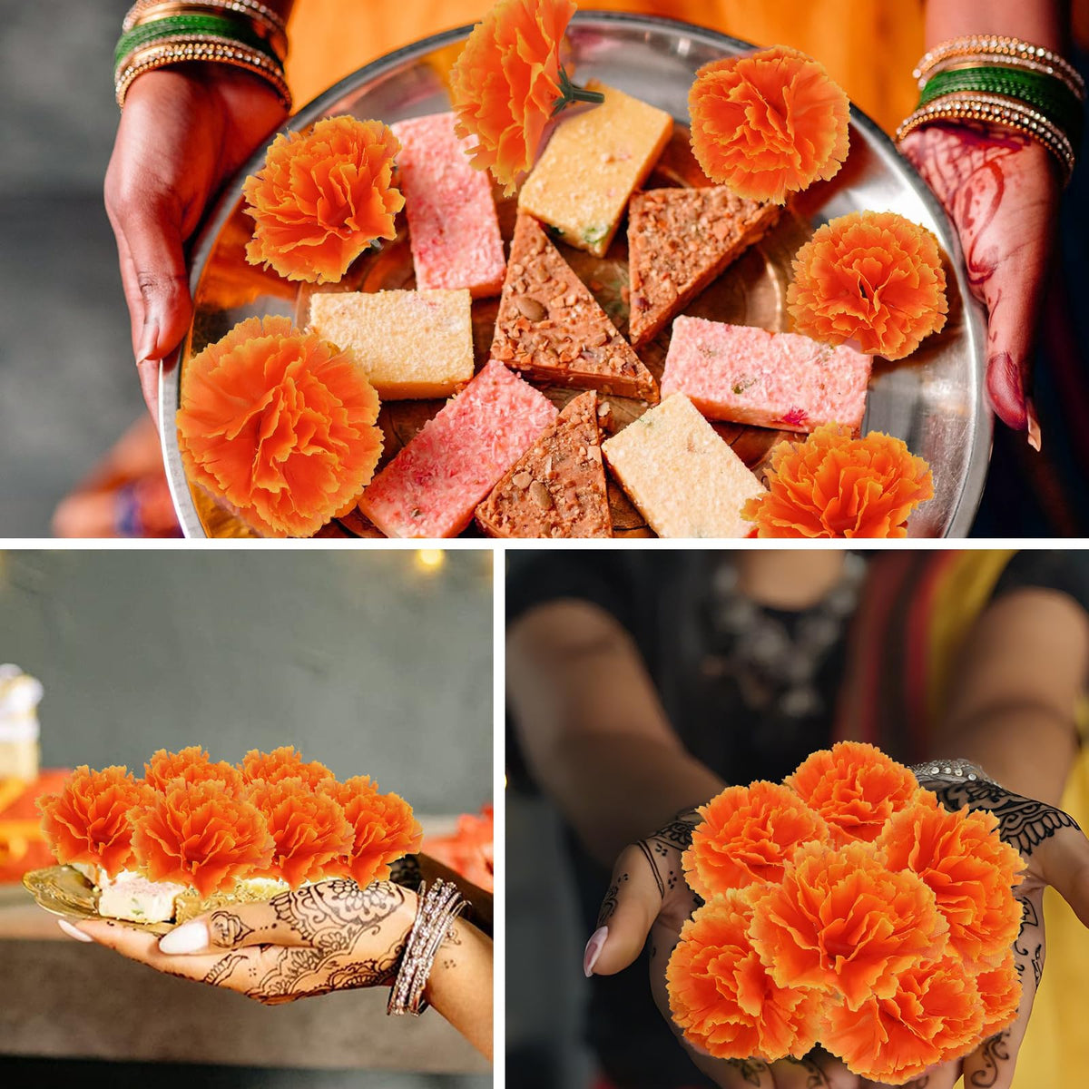 100PCS Marigold Flower Heads with Stems – Artificial Cempasuchil Flowers for Día de Los Muertos Altar, Day of The Dead Decorations, Halloween, Mexican Party, DIY Garland & Wreath Décor（Orange）