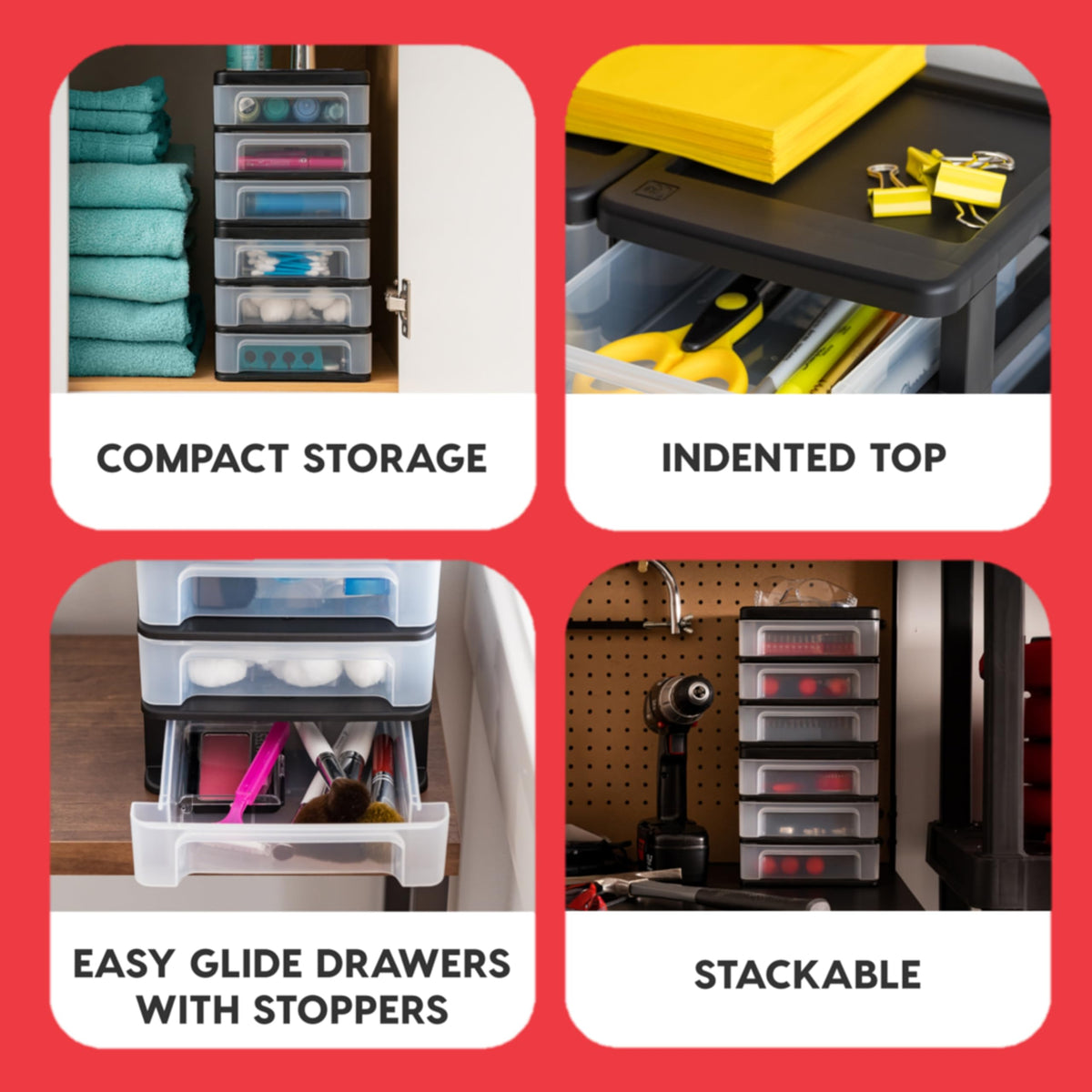 IRIS USA Plastic Stacking Desk Top 3-Drawer Storage Organizer, 2-Pack, for Makeup Vanity Nail Polish Bathroom Stationery Art Craft Supplies Kitchen Office Garage and Small Organization, Medium, Black