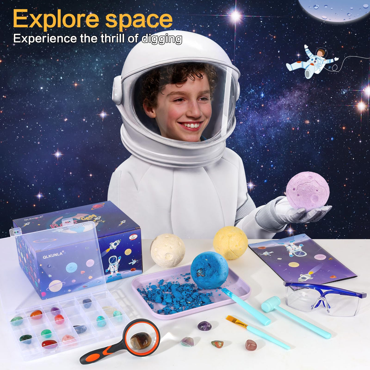QLKUNLA Gemstones Dig Kit, Excavate 24 Real Gems in Solar System STEM Educational Space Toys for Boys & Girls Archaeology Geology Science Project Gift