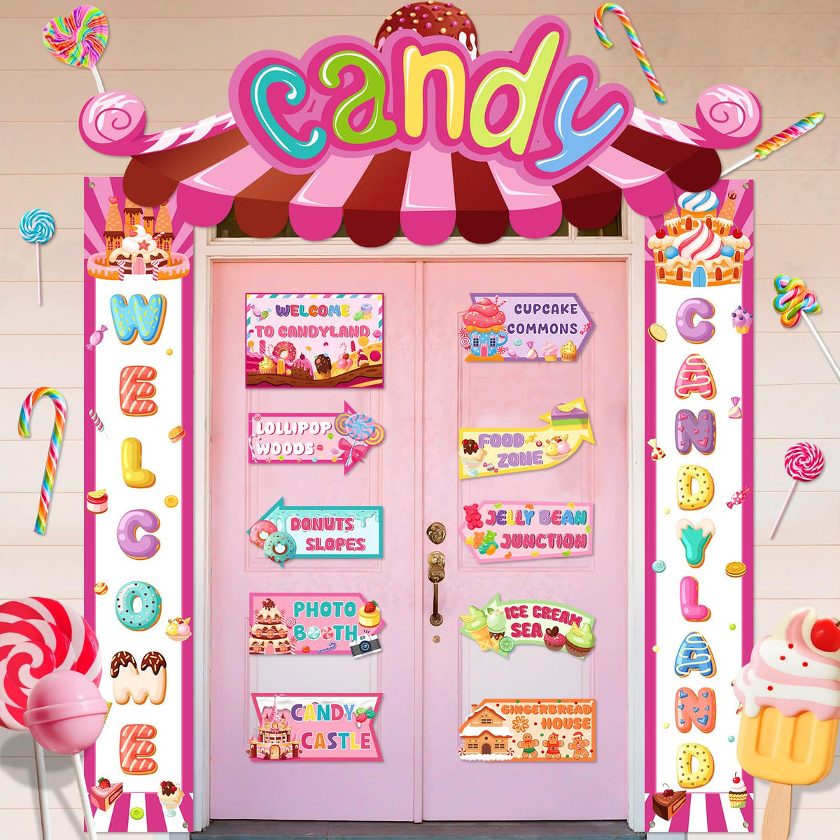 Candyland Party Decorations Welcome Candyland Door Banner Porch Sign Lollipop Paper Cutouts Sweet Candy Theme Party Supplies for Kids Candy Land Birthday Baby Shower Halloween Christmas Decor