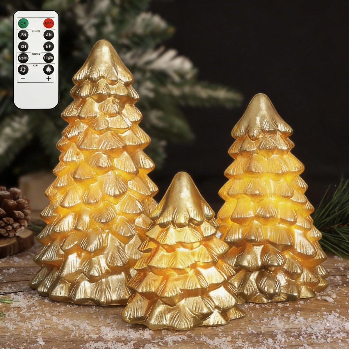 FLAVCHARM Gold Christmas Tree Flameless Candles with Remote Battery Operated Flickering LED Tabletop Lighted Xmas Tree Figurines for Fireplace Home Decor Indoor Holiday Christmas Gifts