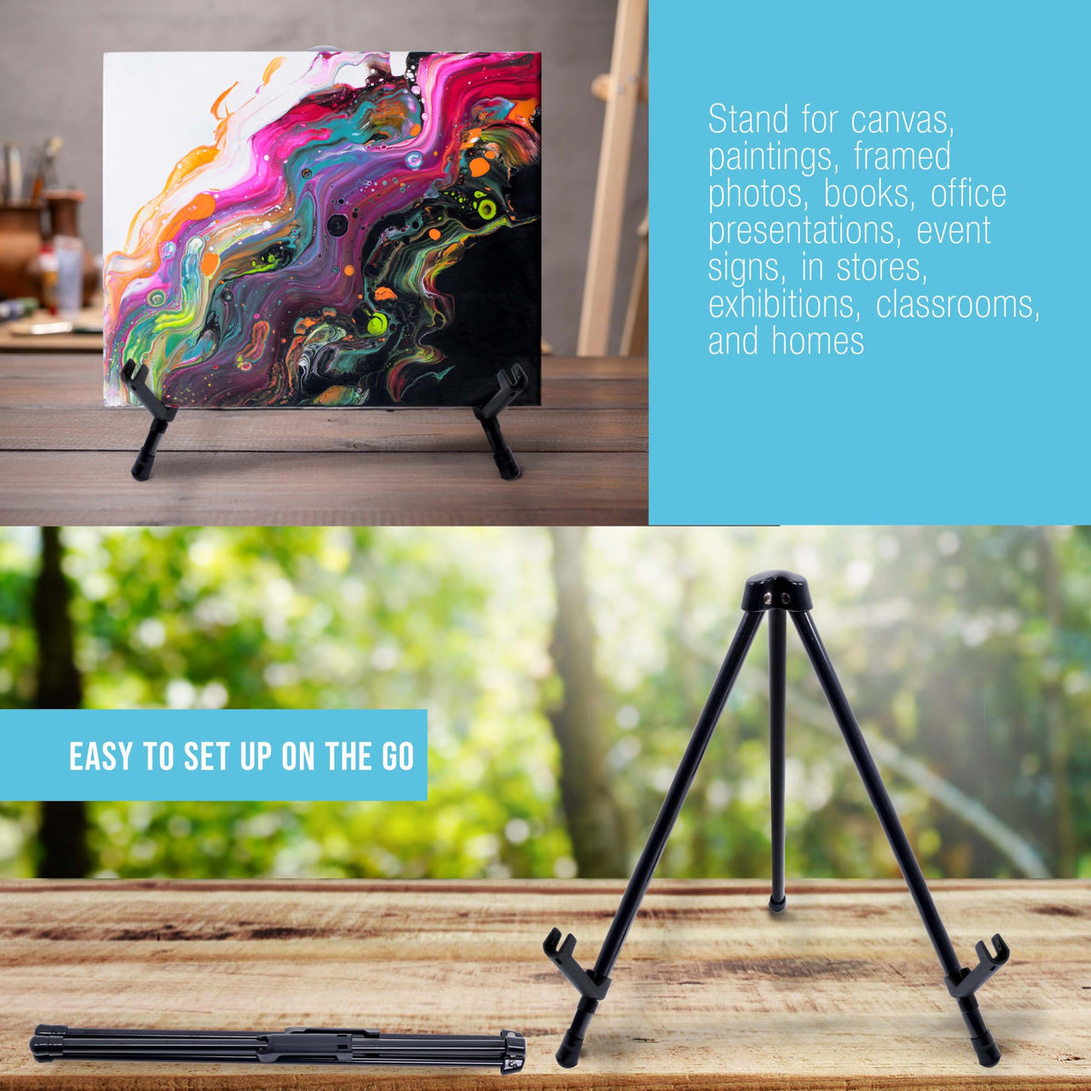 U.S. Art Supply 13.5" Black Metal Tabletop Easel Stand - Foldable Tripod Table Top Easel Stand for Sign, Art, Poster Board, Canvas, Pictures & Photos - Display Table Easels with Non-Skid Feet