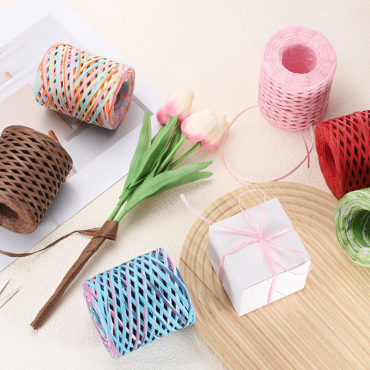 MECCANIXITY Gray Raffia Ribbon, 219 Yard Natural Raffia Paper String 4mm Wide Packing Paper Twine Rope for Gift Wrapping DIY Crafts Crocheting Knitting Holiday Decoration