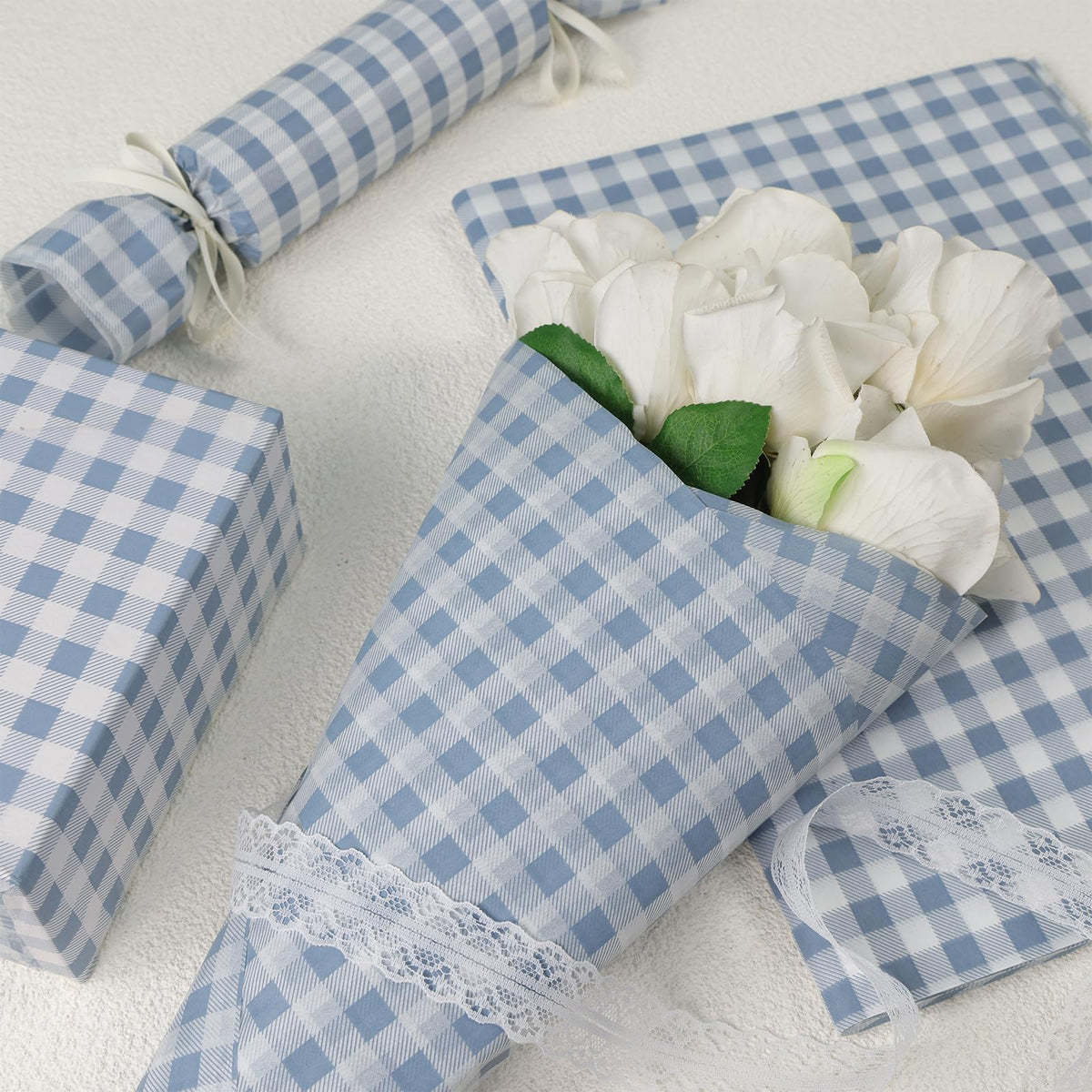 UNIQOOO 120 Sheets Dusty Blue Gingham Tissue Paper, Buffalo Plaid Gift Wrapping Tissue DIY Art Craft Tissue Paper for Wedding Birthday Baby Shower Bouquet Supplies, 20 x 14 Inch