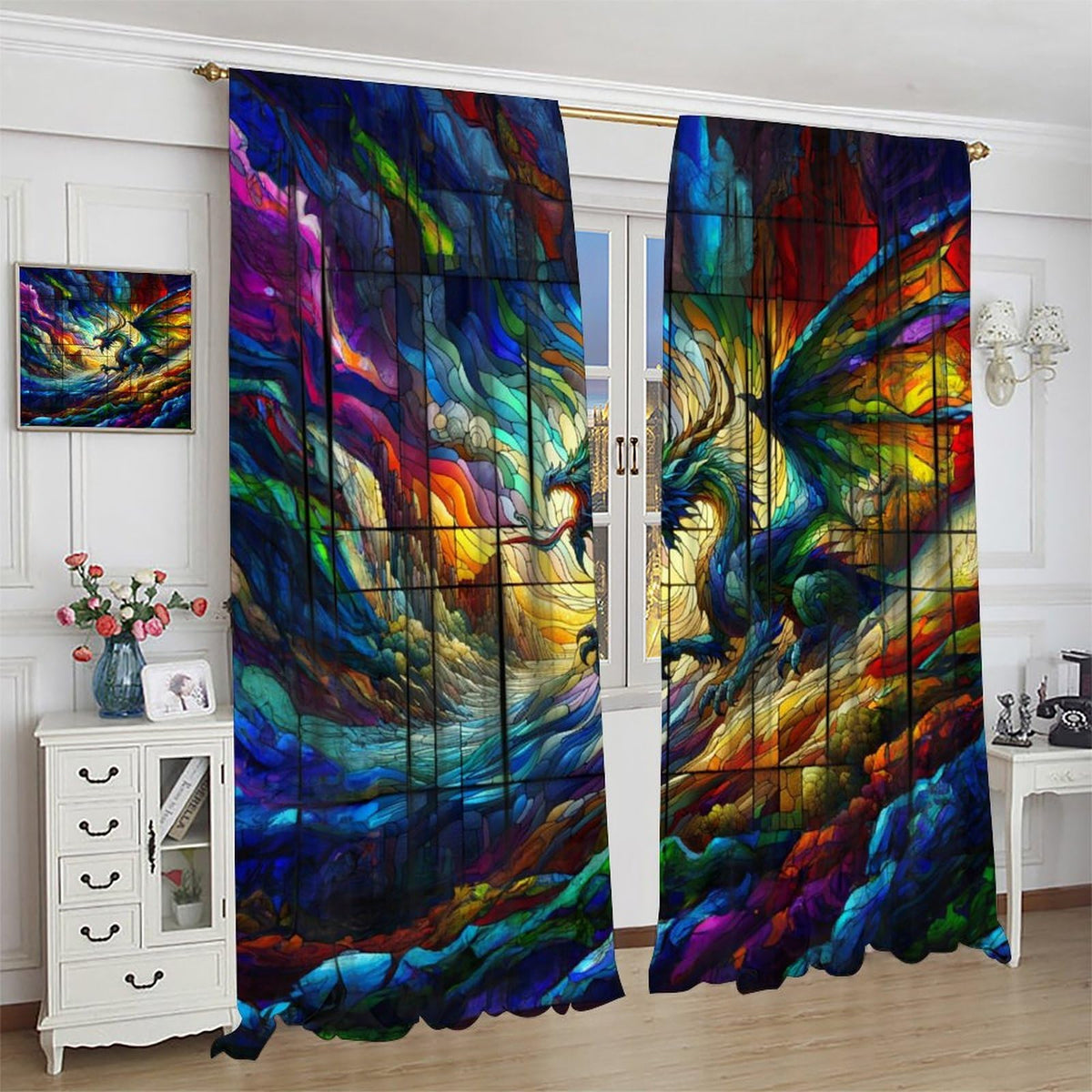 FengMingRui Dream Stained Glass Curtains Fantasy Dragon Rainbow Colorful Clouds for Kids Boys Girls Bedroom Living Room Window Drapes 42" W X 45" L