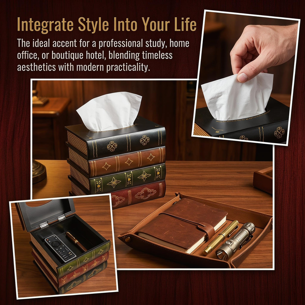 Hand-Made Retro Wooden Antique Book Tissue Box Cover Square Tissue Holder Dispenser Paper Cover Case Napkin Holder Home Decor for Bathroom Living Room Office car Kitchen (Dark Green)