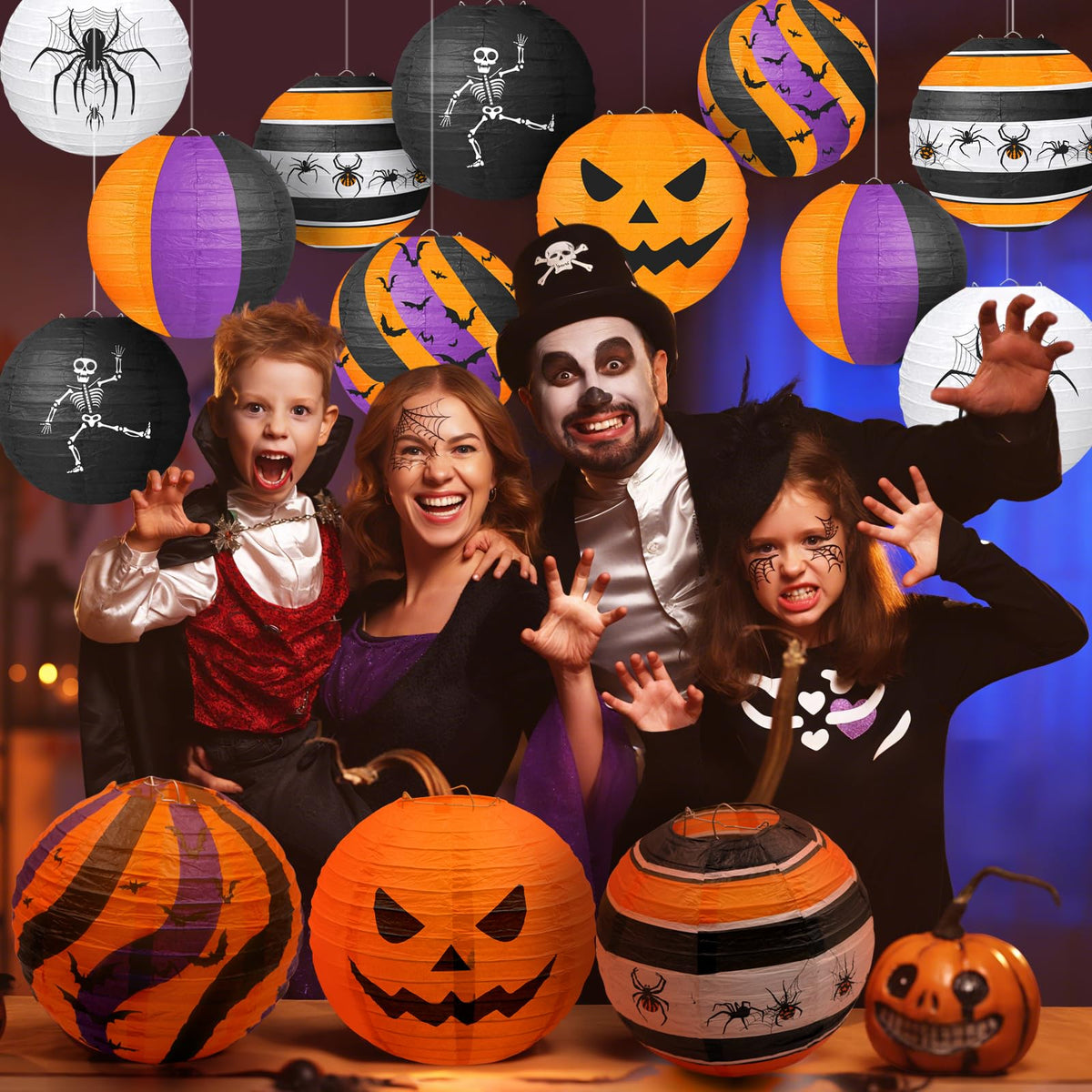 ADLKGG Halloween Party Decorations, Black Orange Purple Hanging Spider Bat Pumpkin Skeleton Paper Lantern for Halloween Birthday Decorations, Trick-or-Treating Events, Wedding,Garden Home Decor, 12pcs