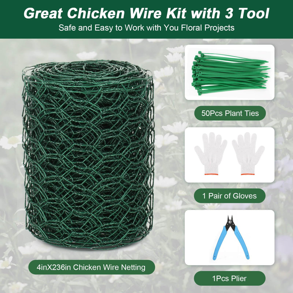 ROADPLUM 4 × 236 in Floral Wire Netting, Green Chicken Wire for Floral Arrangements, Galvanized Coated Chicken Mesh Netting with Plier & Plant Ties for Floral Supplies | Garden Fencing | DIY Craft