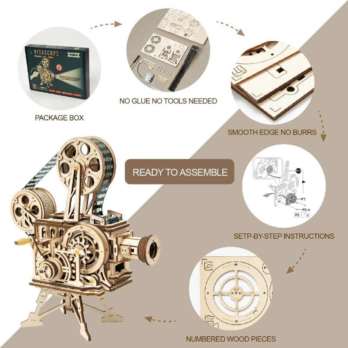 ROKR 3D Wooden Puzzles Vitascope for Adults - Model Building Kits Mechanical Construction for Adults to Build, Educational Brain Teaser DIY Crafts Kits, Halloween Collection Gifts for Men (Vitascope)