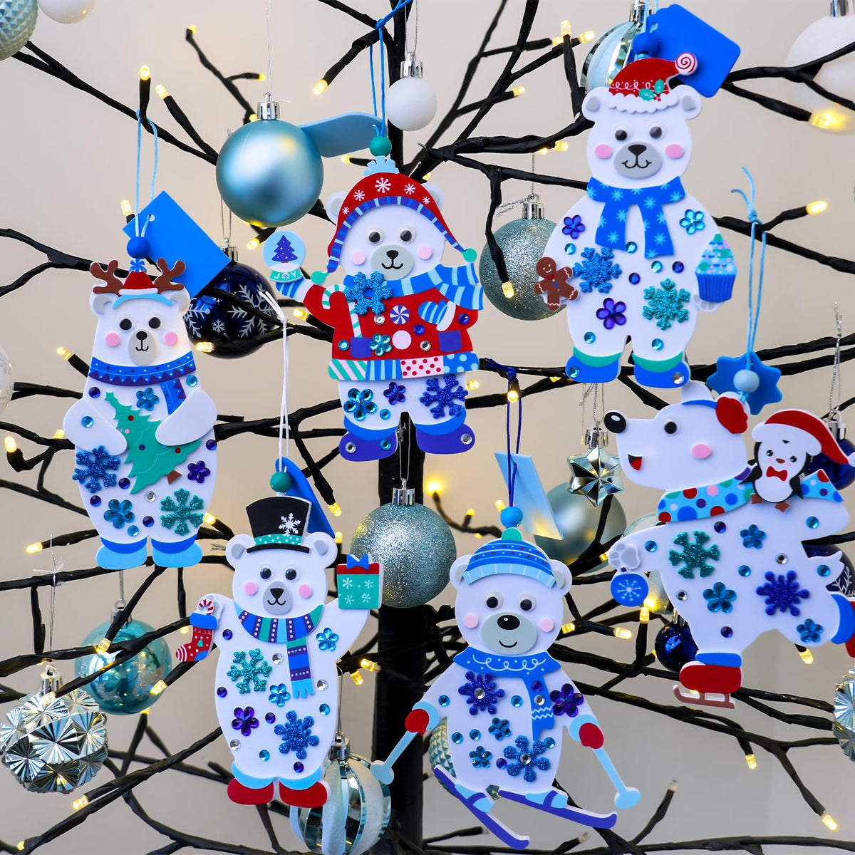 Winlyn 24 Sets Winter Decorations DIY Polar Bear Ornaments Christmas Craft Kits Foam Polar Bear with Snowflake Foam Stickers for Kids Holiday Seasonal Gift Home Classroom Activities Party Favors