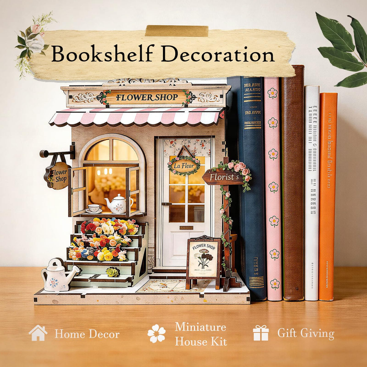 Book Nook Kit DIY Miniature House – 3D Wooden Puzzle Bookshelf Insert with LED Lights, Tiny Dollhouse Building Model Craft Kit, Unique Book Nook Decor Gift for Adults, Teens, Book Lovers