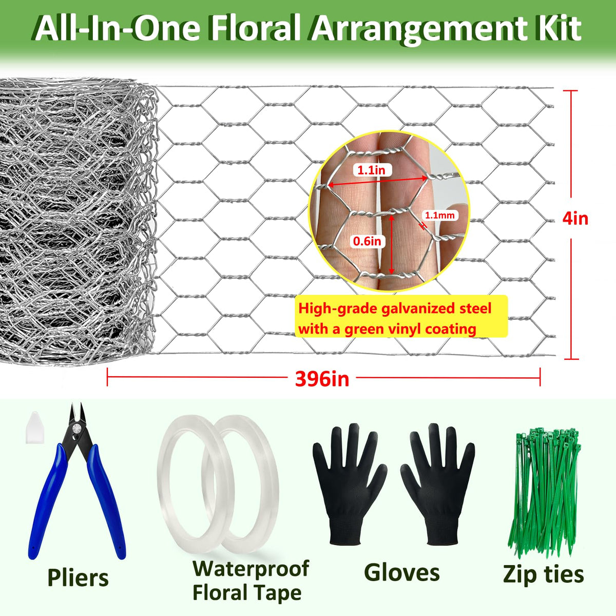 Floral Chicken Wire for Craft Kit, 4" x 396" Lightweight Chicken Wire for Floral Arrangement, Hexagonal Galvanized Chicken Wire Netting with Floral Tape, Plier, Tie, Gloves(Silver,4" x 396")