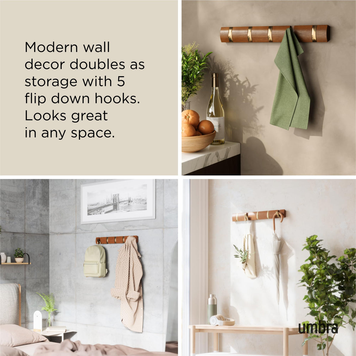 Umbra Flip Wall-Mounted Coat Rack with 5 Hooks – Modern, Space-Saving Storage for Hats, Jackets, Bags, Entryway, Mudroom, Closet, Bathroom, Bedroom – Light Walnut/Gold
