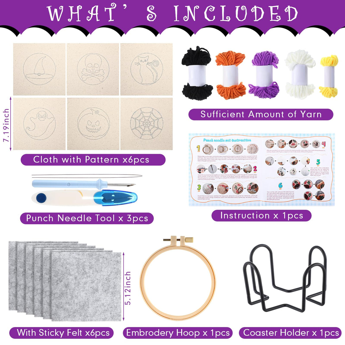 Yaomiao 6 Pcs Halloween Punch Needle Coaster Kit Punch Needle Embroidery Kits Craft Supplies with Patterns Yarns Tools Adhesive Felt Embroidery Hoop Instruction Holder for Adult DIY