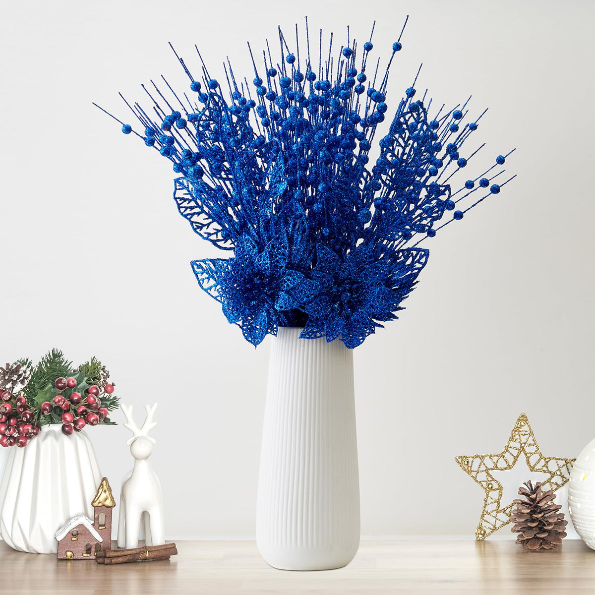 24 Pack Christmas Tree Ornaments - Artificial Flowers Glitter Berry Stems Christmas Floral Picks Branches for Xmas Tree Decorations Vase Filler Holiday Wedding Party Home Decor (Blue)